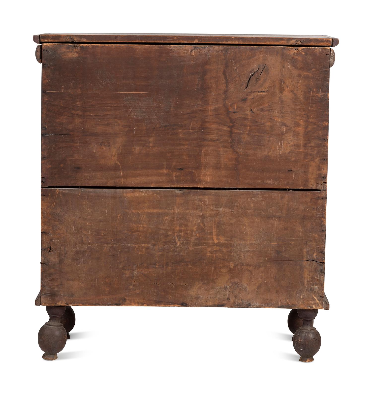A Rare William and Mary Brown Painted Poplar, Cherrywood, and Pine Two-Drawer Blanket Chest