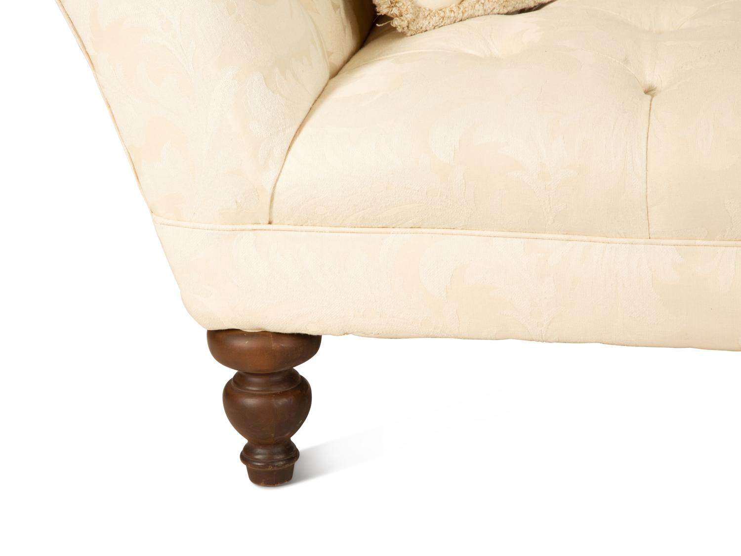 An Empire Style Button Tufted Ivory Cotton Damask Chaise Longue — 20th Century