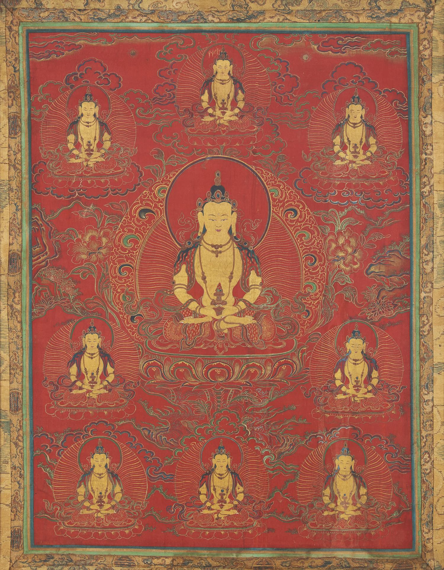 A Tibetan Red-Ground Thangka Depicting Amitayus, Late 18th/19th Century 十八/十九世紀 無量壽佛唐卡