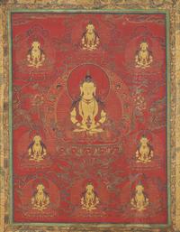 A Tibetan Red-Ground Thangka Depicting Amitayus, Late 18th/19th Century 十八/十九世紀 無量壽佛唐卡