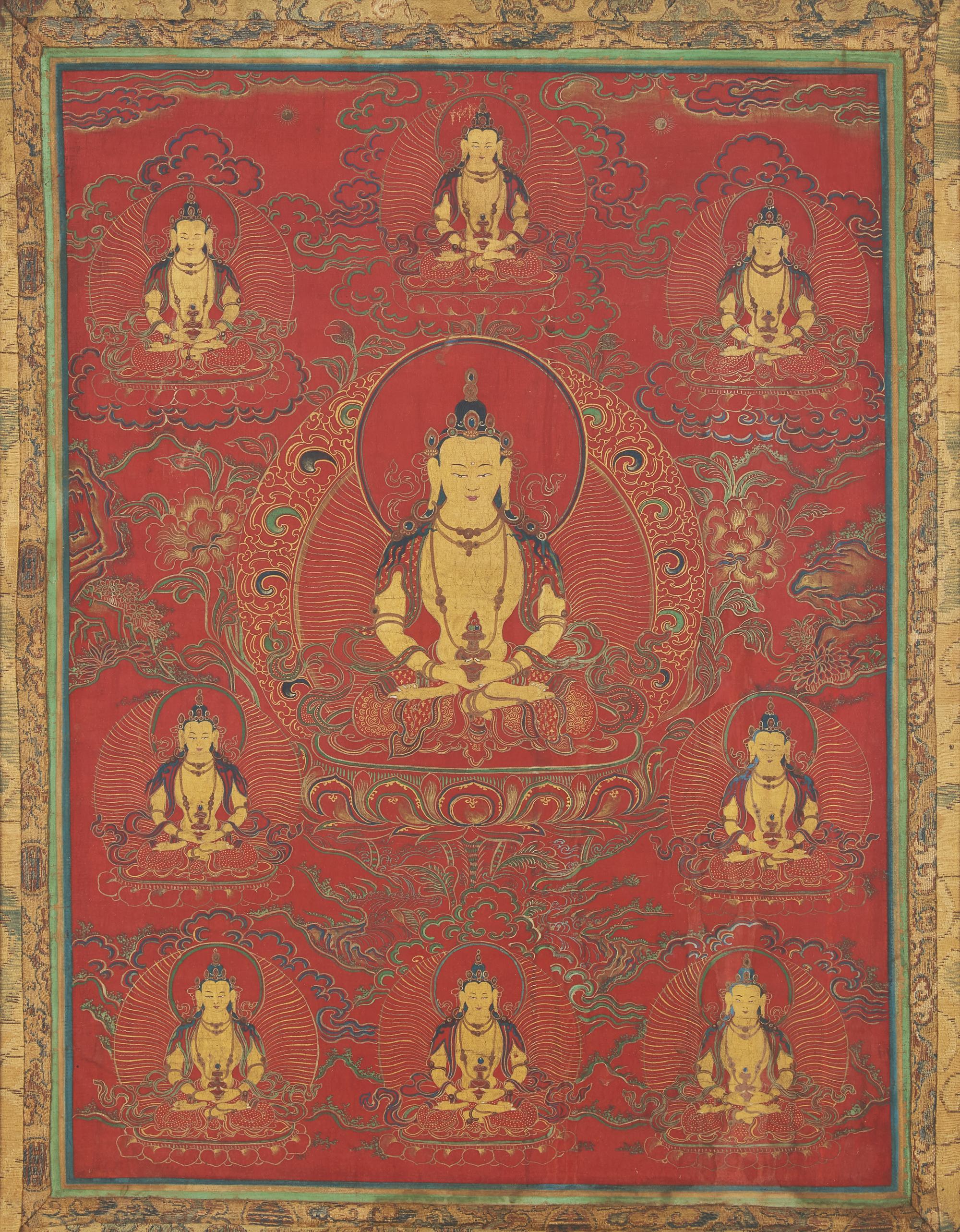 A Tibetan Red-Ground Thangka Depicting Amitayus, Late 18th/19th Century 十八/十九世紀 無量壽佛唐卡