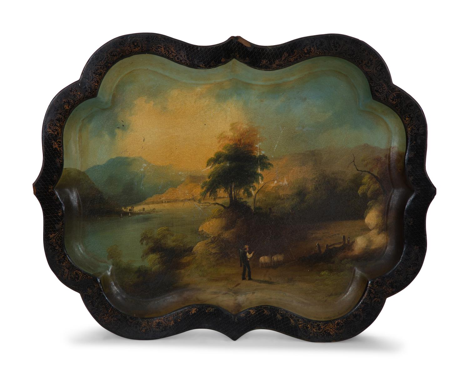 Two English Black and Gilt Lacquer Trays — 19th Century