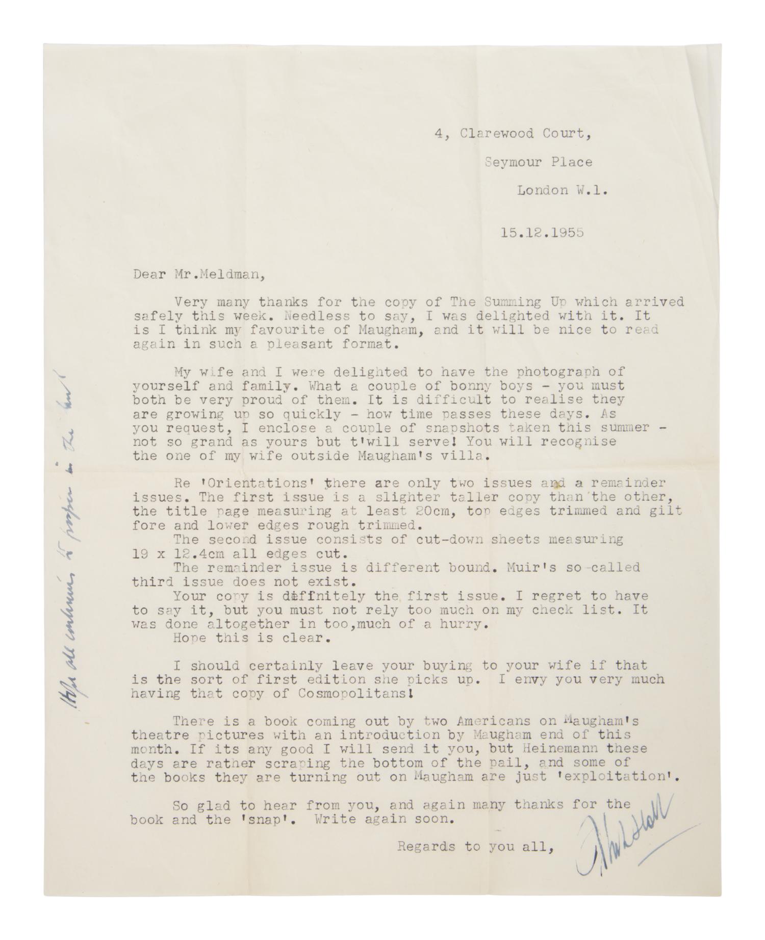 [Maugham, W. Somerset (1874-1965)]. A group of 8 bibliographies and a letter, including: