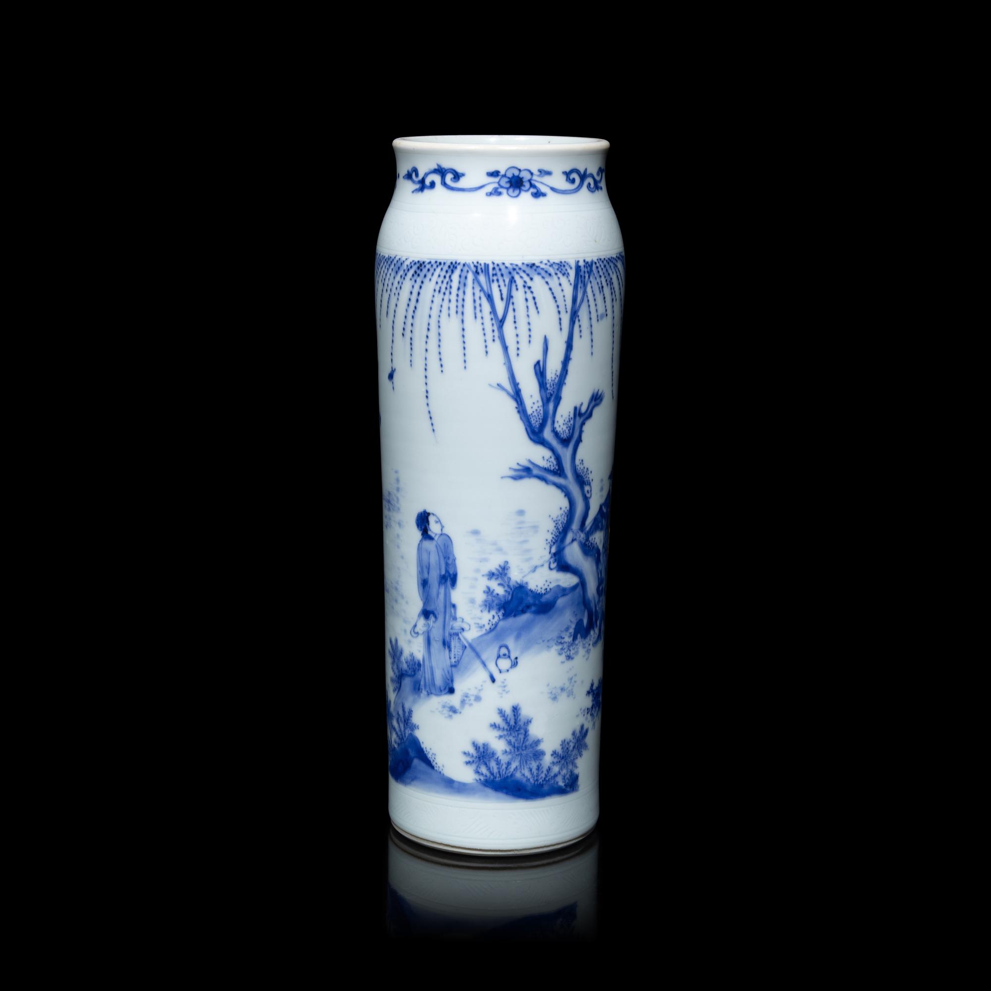 A Chinese Blue and White Porcelain Cylindrical Vase, Transitional Period, 17th Century 明末清初 青花人物故事圖筒瓶
