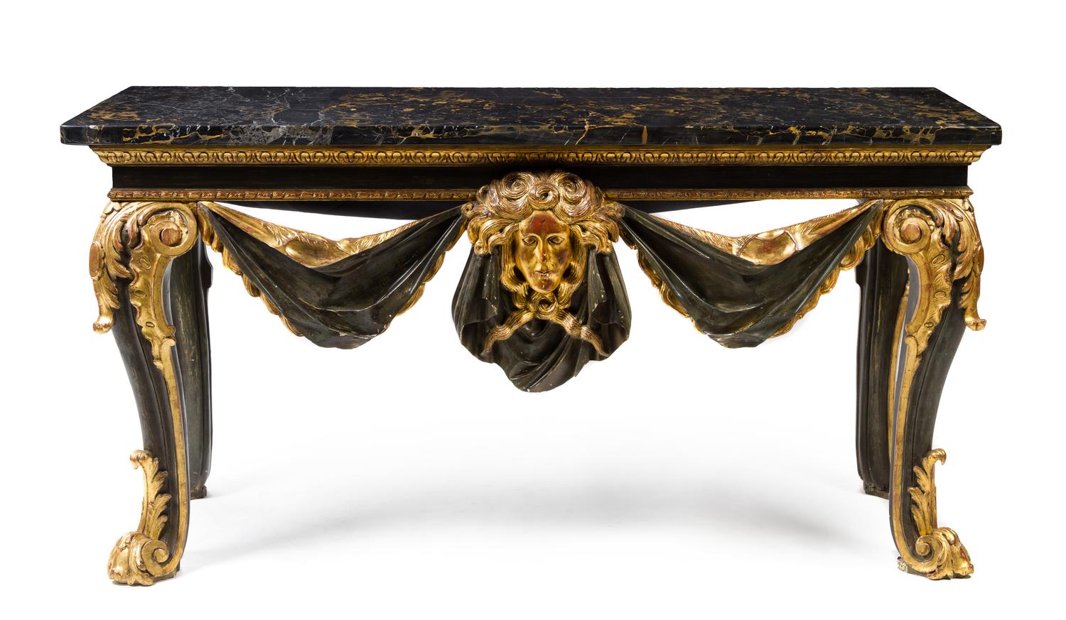 An Italian Painted and Parcel Gilt Console Table Height 34 1/4 x width 66 1/4 x depth 28 inches.
