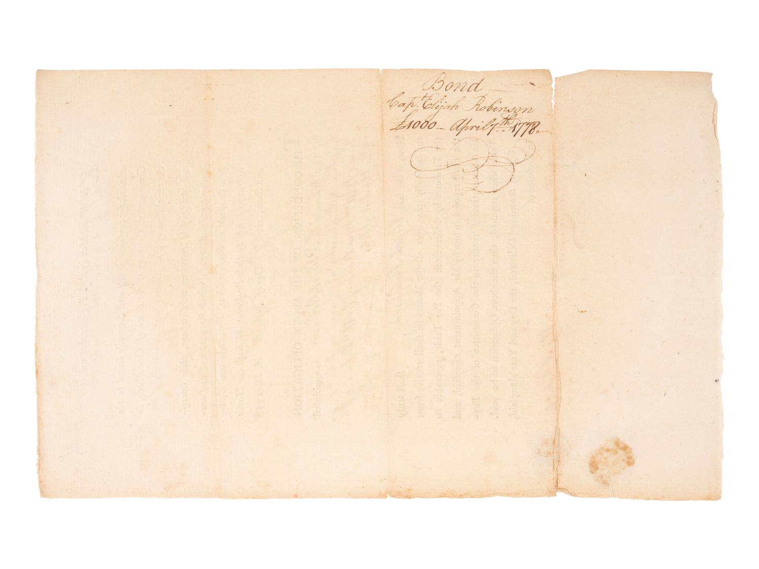[REVOLUTIONARY WAR]. Partially printed appointment of Elijah Robinson (1735-1809) as "Captain & Paymaster" of a Company in Col. Roger Enos's Battallion "now raising for the Defence of this & the United States." Connecticut, 7 April 1778.