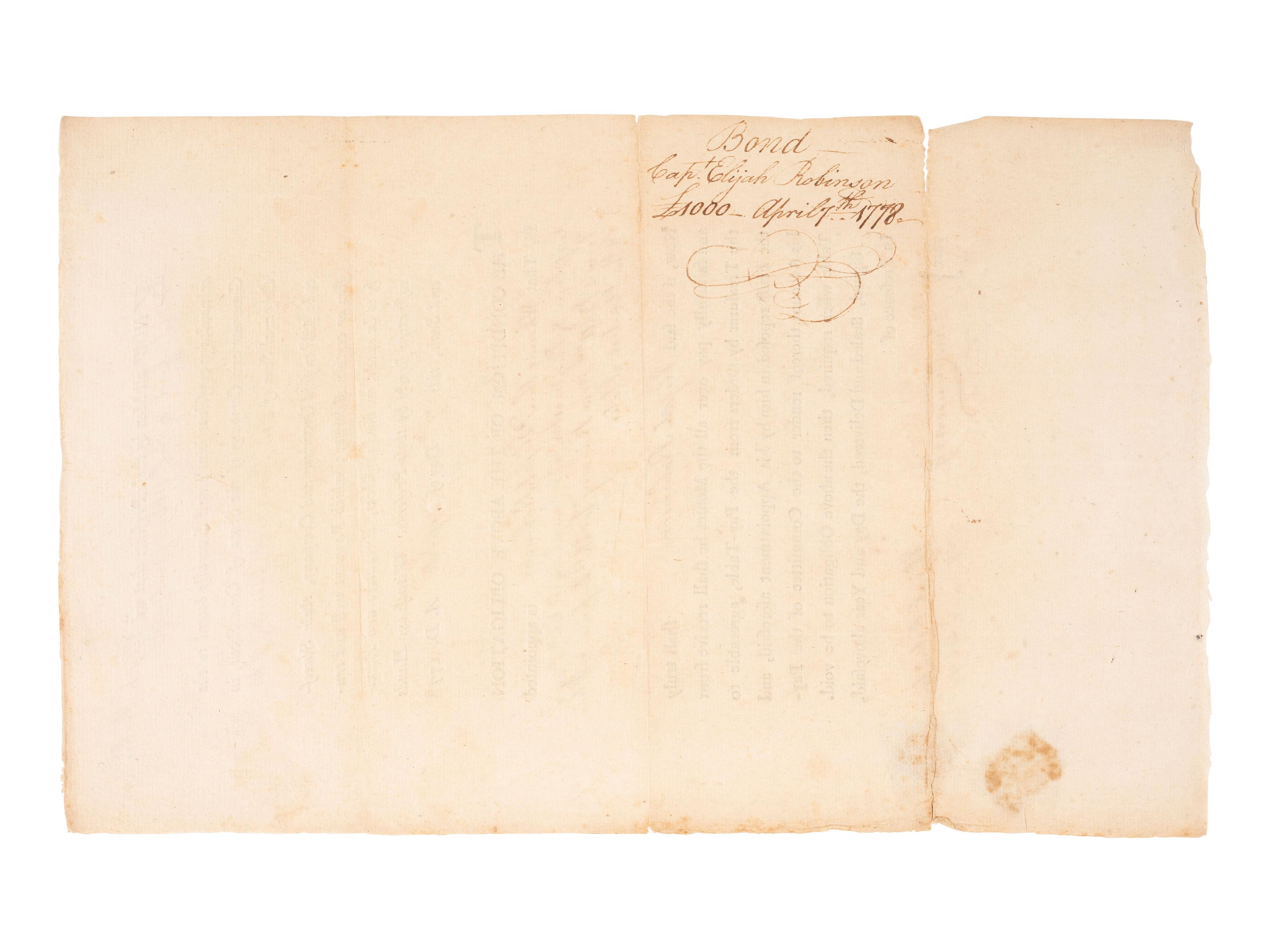 [REVOLUTIONARY WAR]. Partially printed appointment of Elijah Robinson (1735-1809) as "Captain & Paymaster" of a Company in Col. Roger Enos's Battallion "now raising for the Defence of this & the United States." Connecticut, 7 April 1778.