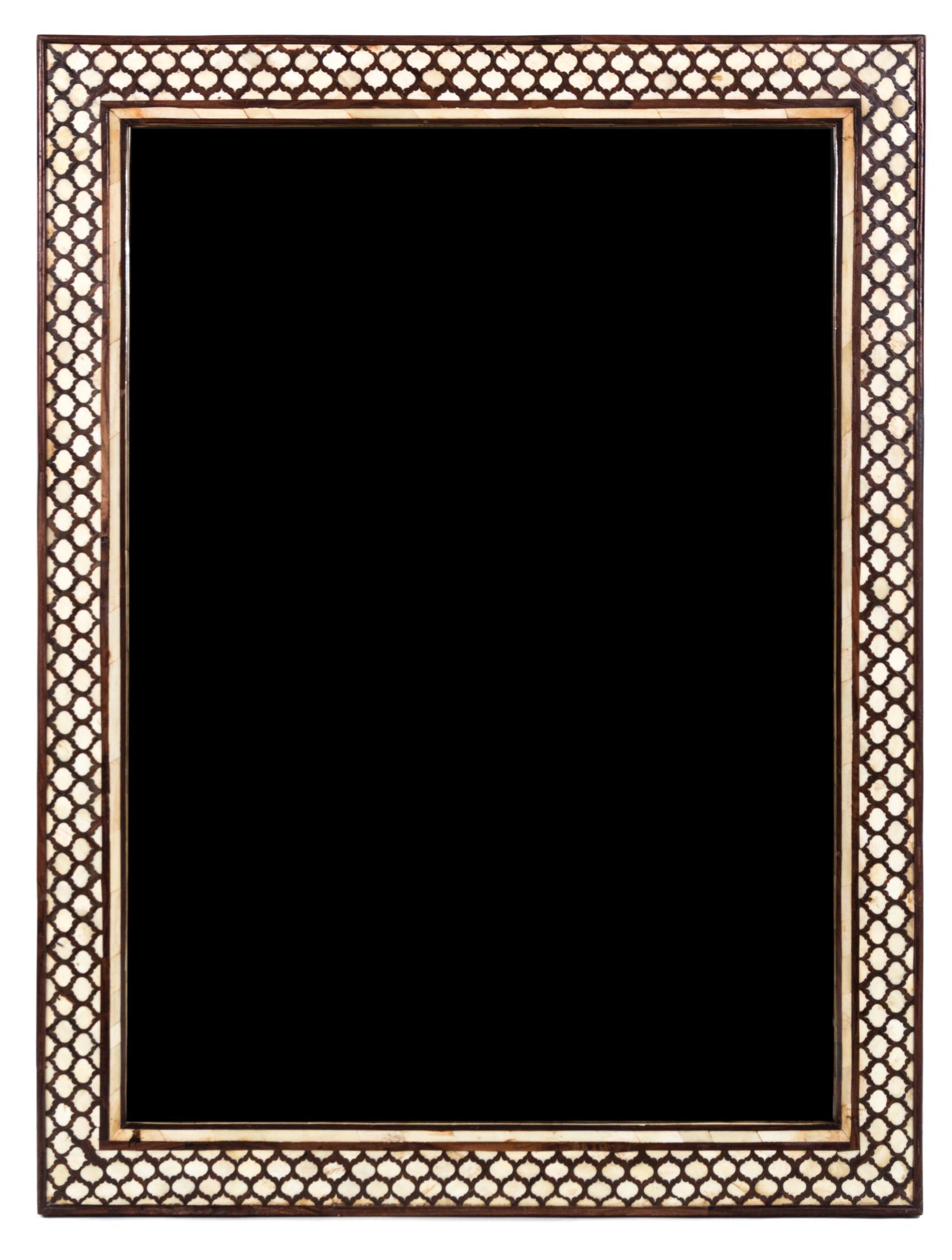 A North African Hardwood and Bone-Inlaid Mirror Height 40 x width 30 1/4 inches.