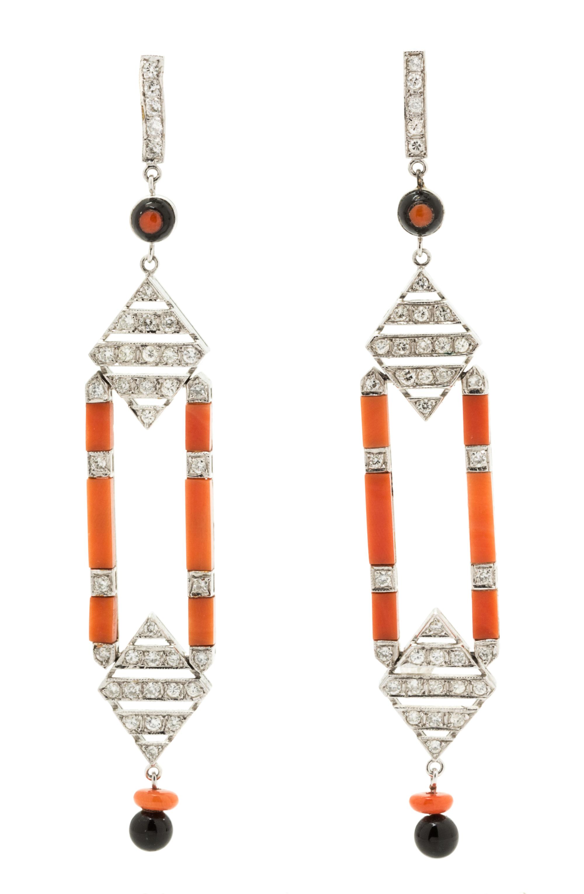 A Pair of Platinum, Coral, Diamond and Onyx Earrings, 9.40 dwts.