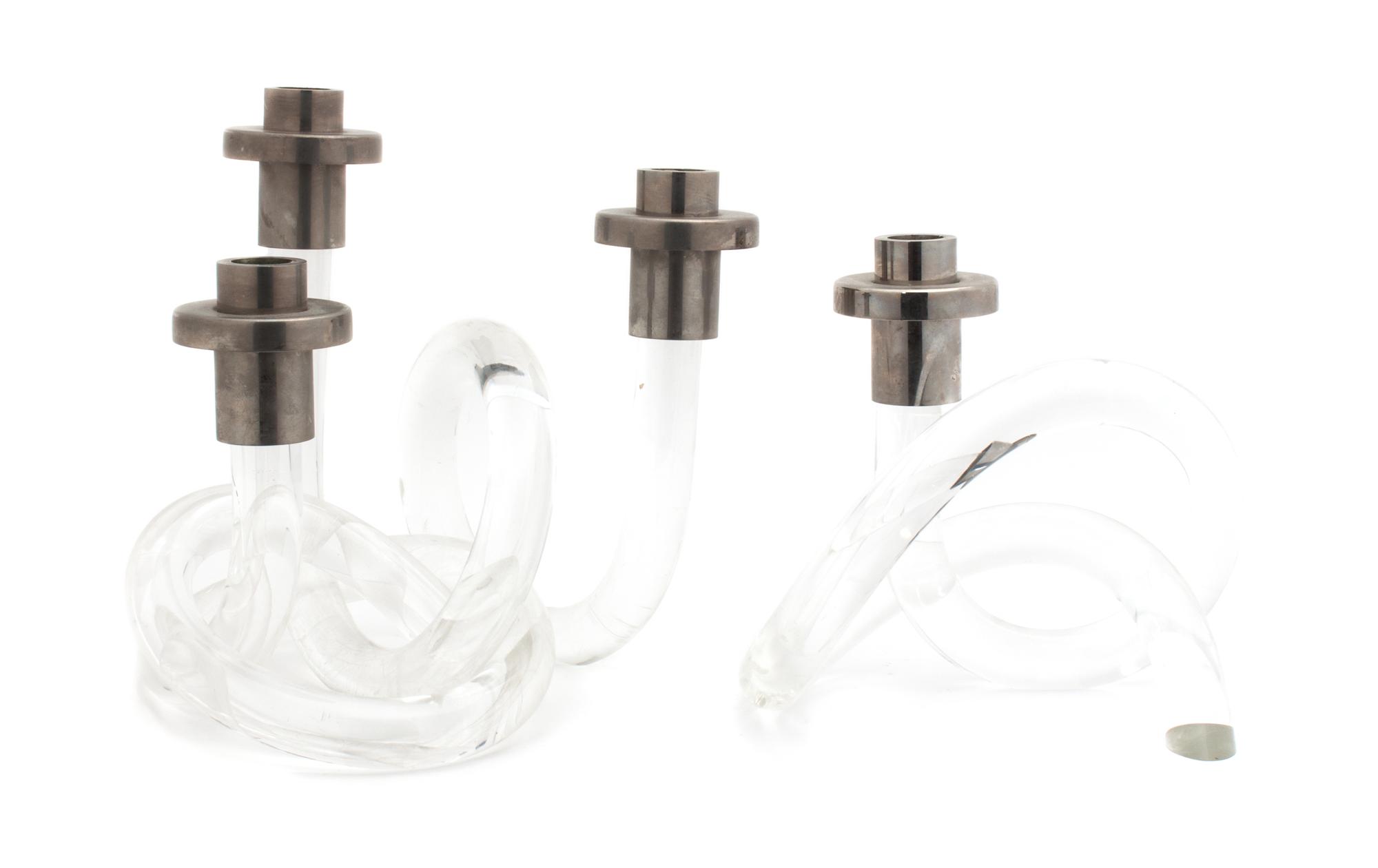 Two American Lucite and Chromed Nickel Candlesticks Height of each: 8 inches. — DOROTHY THORPE (1904-1989),