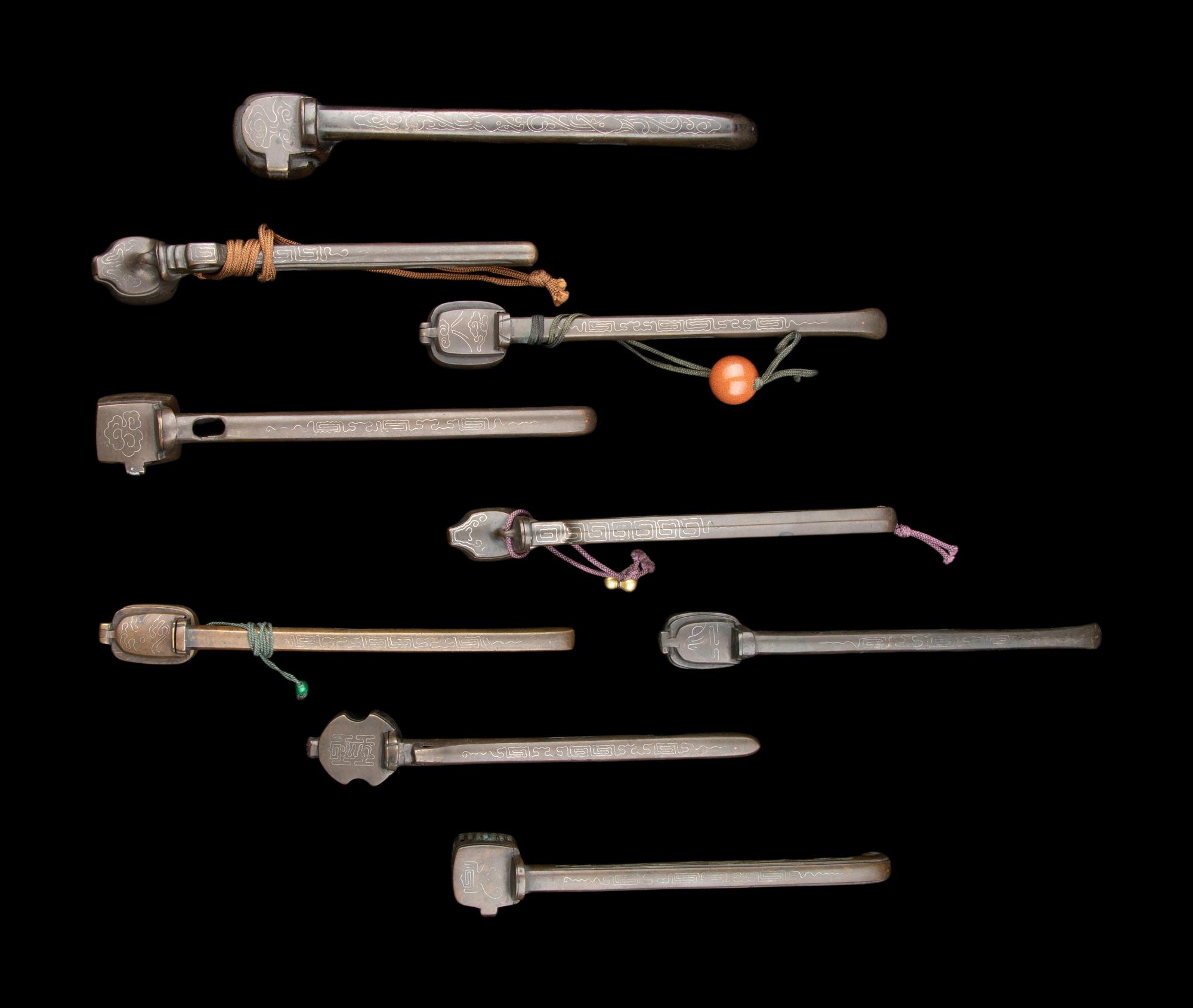Nine Japanese Reticulated Bronze Portable Writing Sets, Yatate