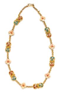 A Yellow Gold and Polychrome Enamel Flower Motif Necklace, 18.50 dwts.