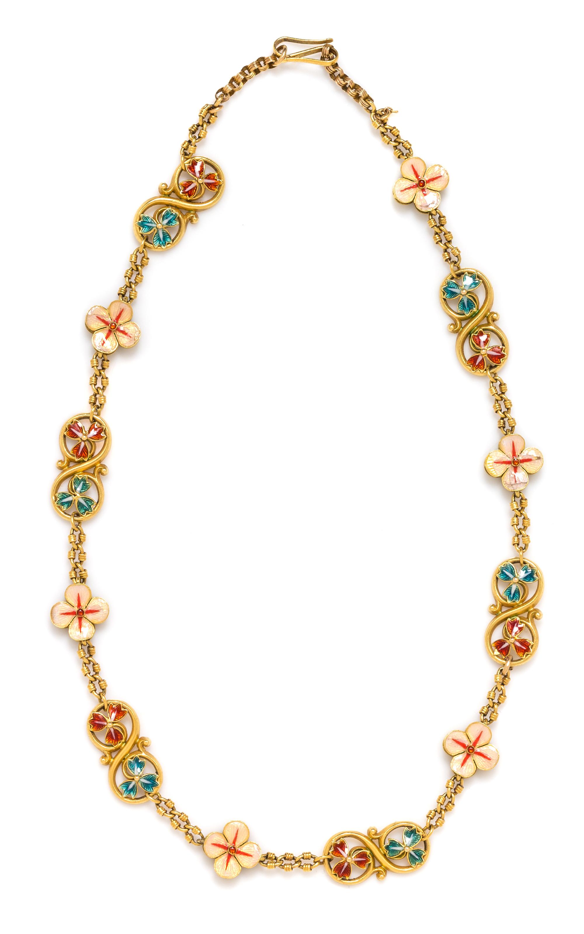 A Yellow Gold and Polychrome Enamel Flower Motif Necklace, 18.50 dwts.
