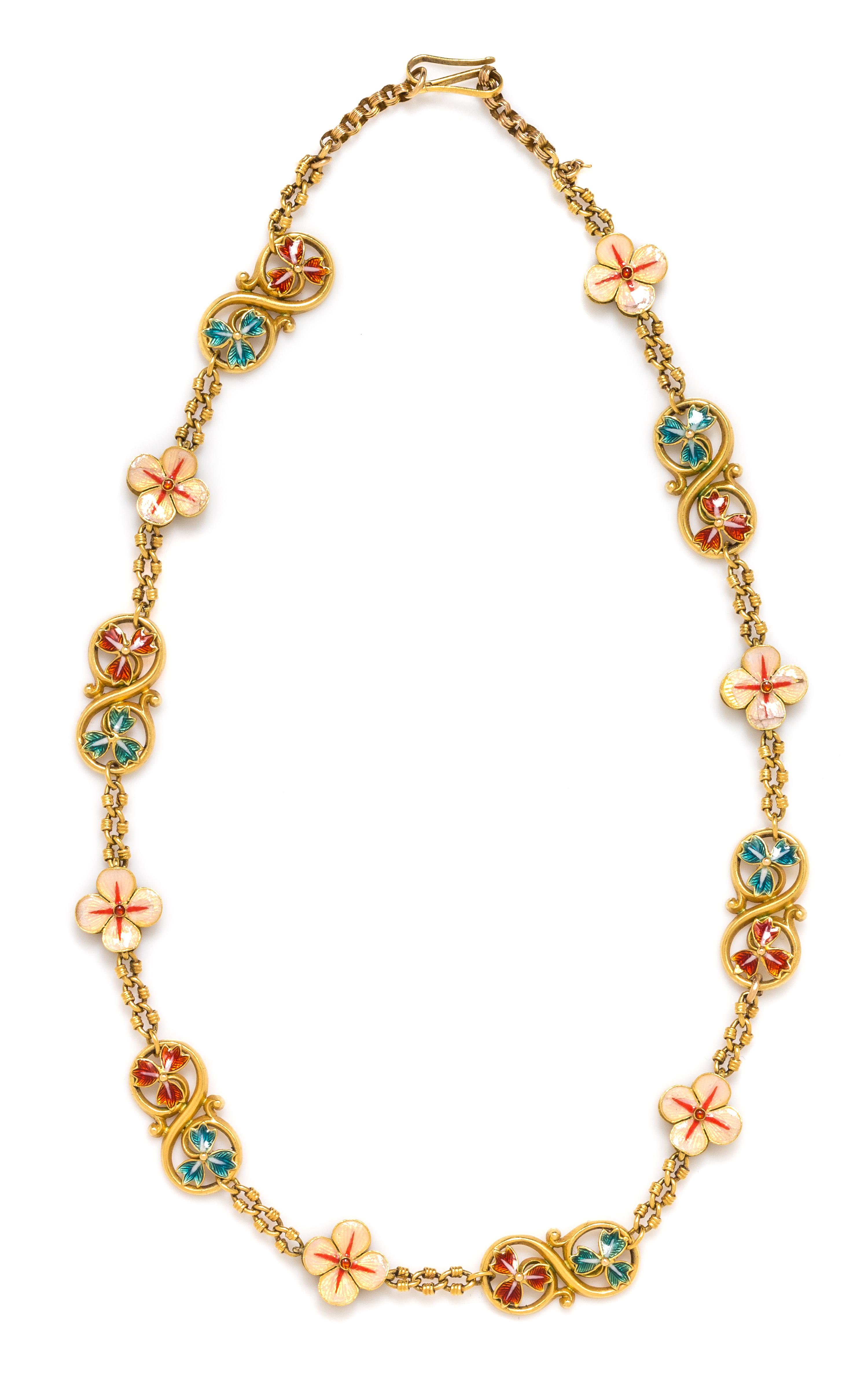 A Yellow Gold and Polychrome Enamel Flower Motif Necklace, 18.50 dwts.