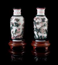 A Pair of Pink and Green Overlay White Peking Glass Vases — 19TH CENTURY