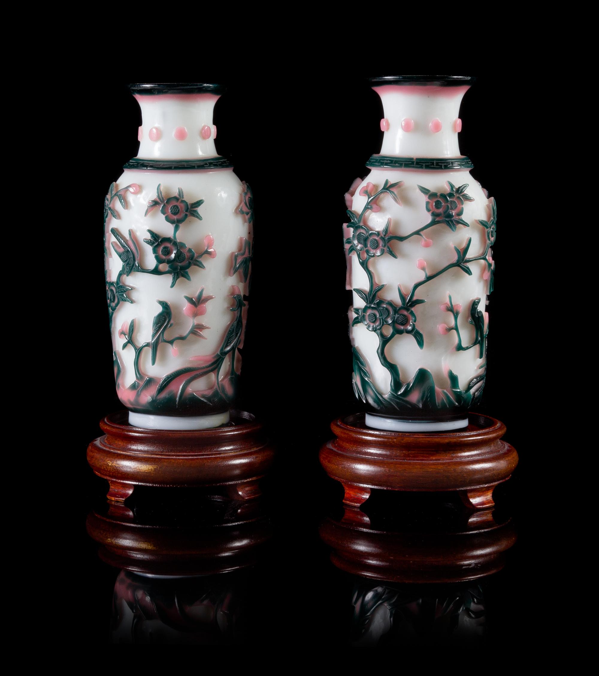 A Pair of Pink and Green Overlay White Peking Glass Vases — 19TH CENTURY