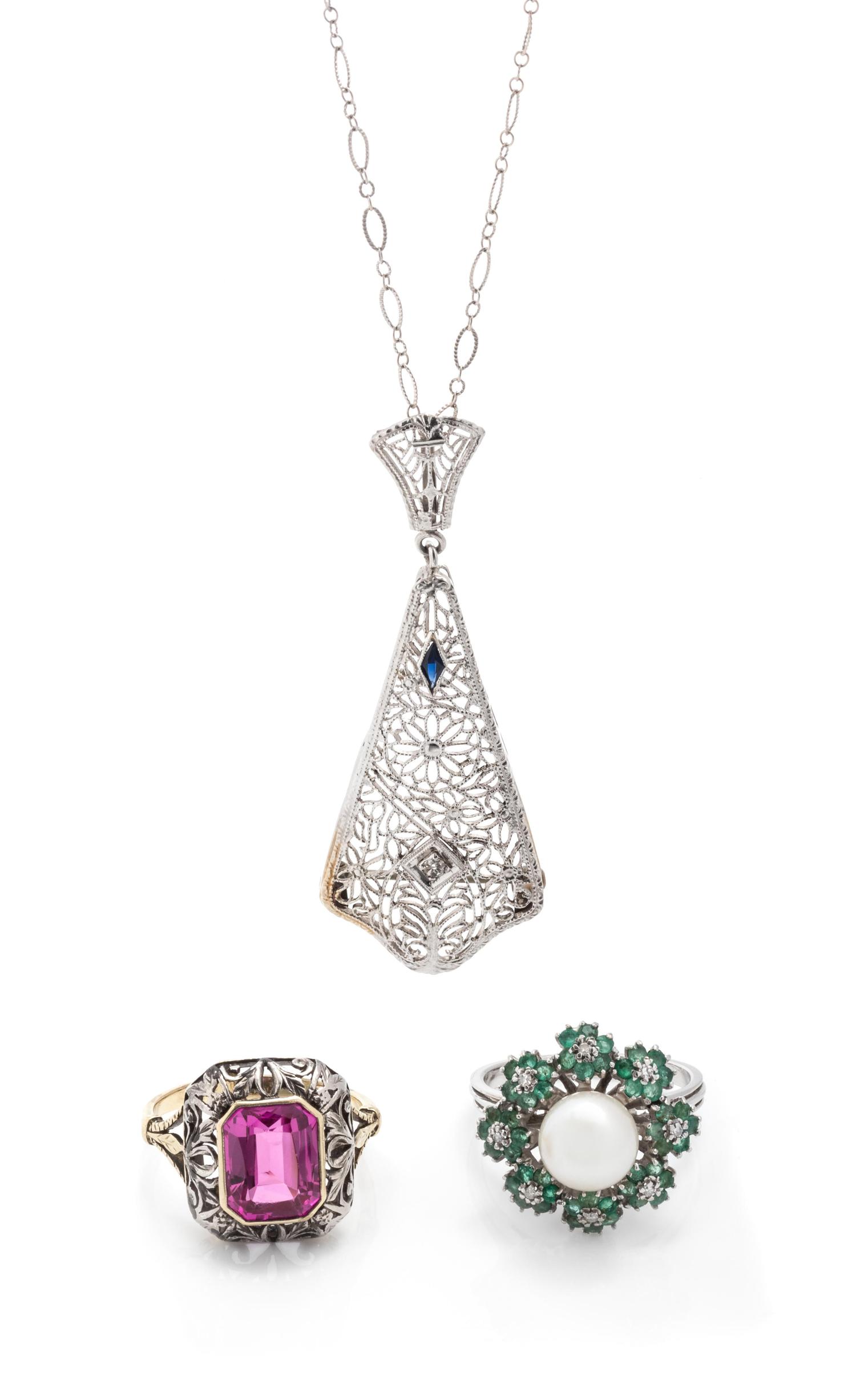 COLLECTION OF WHITE GOLD AND GEMSTONE JEWELRY
