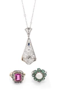 COLLECTION OF WHITE GOLD AND GEMSTONE JEWELRY