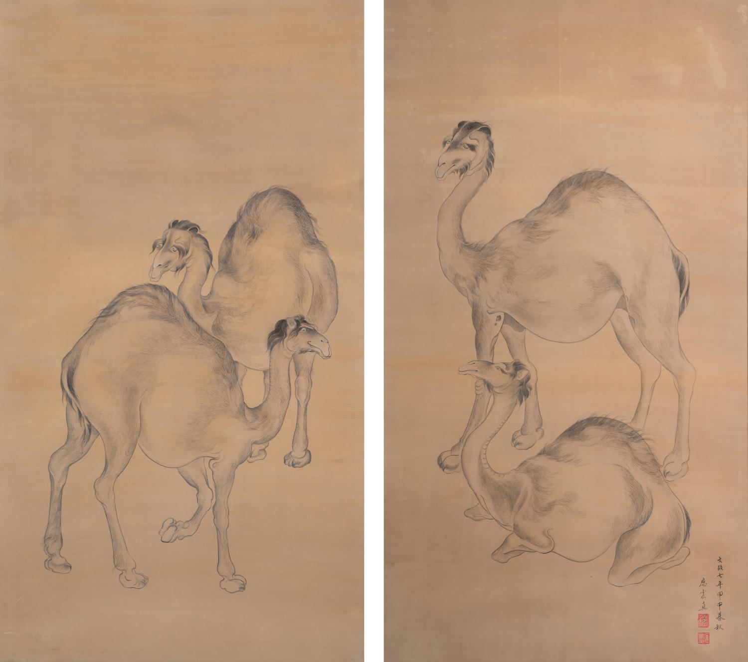 A Pair of Chinese Works on Silk Depicting Camels — 20TH CENTURY