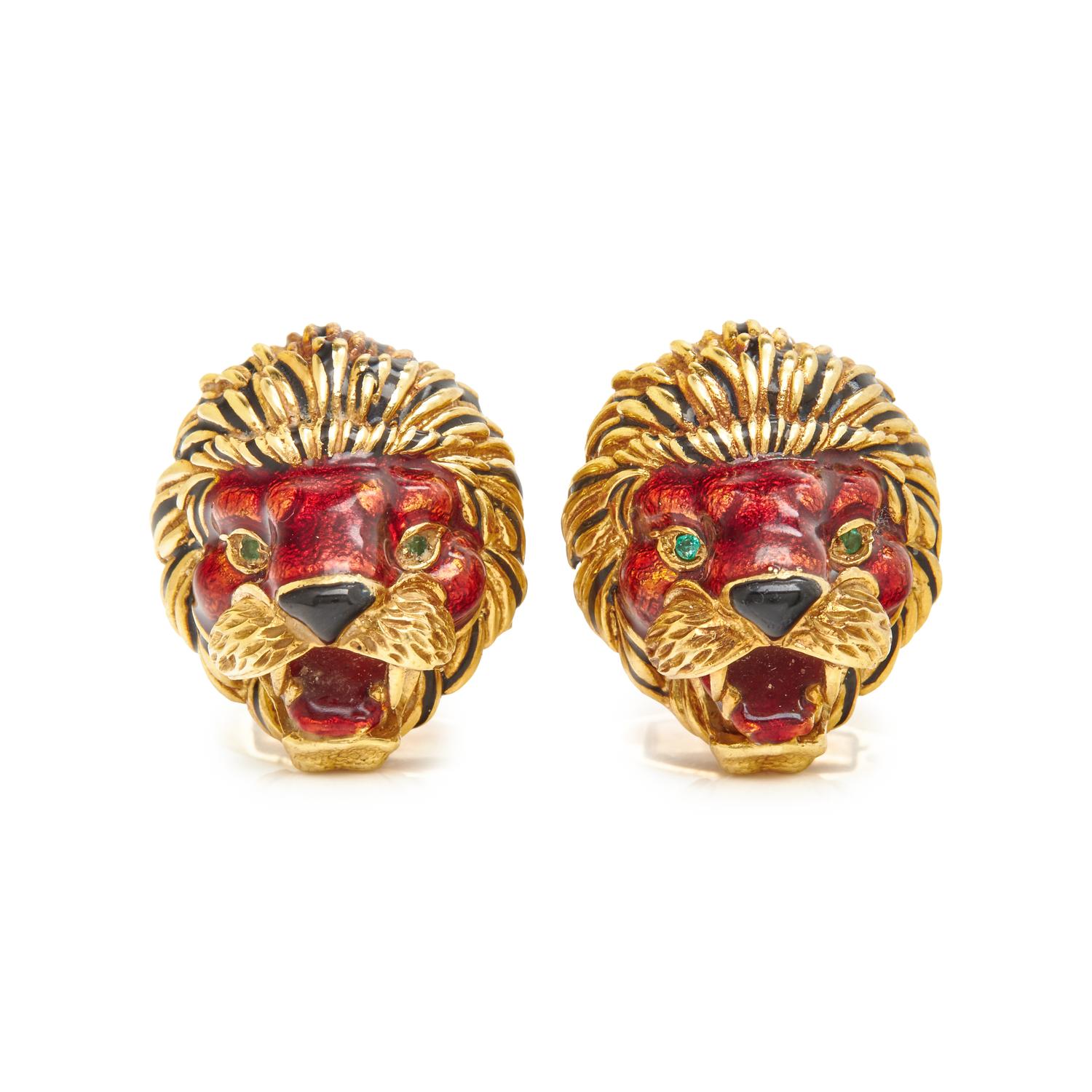 YELLOW GOLD, ENAMEL, AND EMERALD LION CUFFLINKS