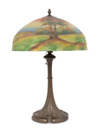 Reverse Painted Landscape Lamp Shade with Associated Base