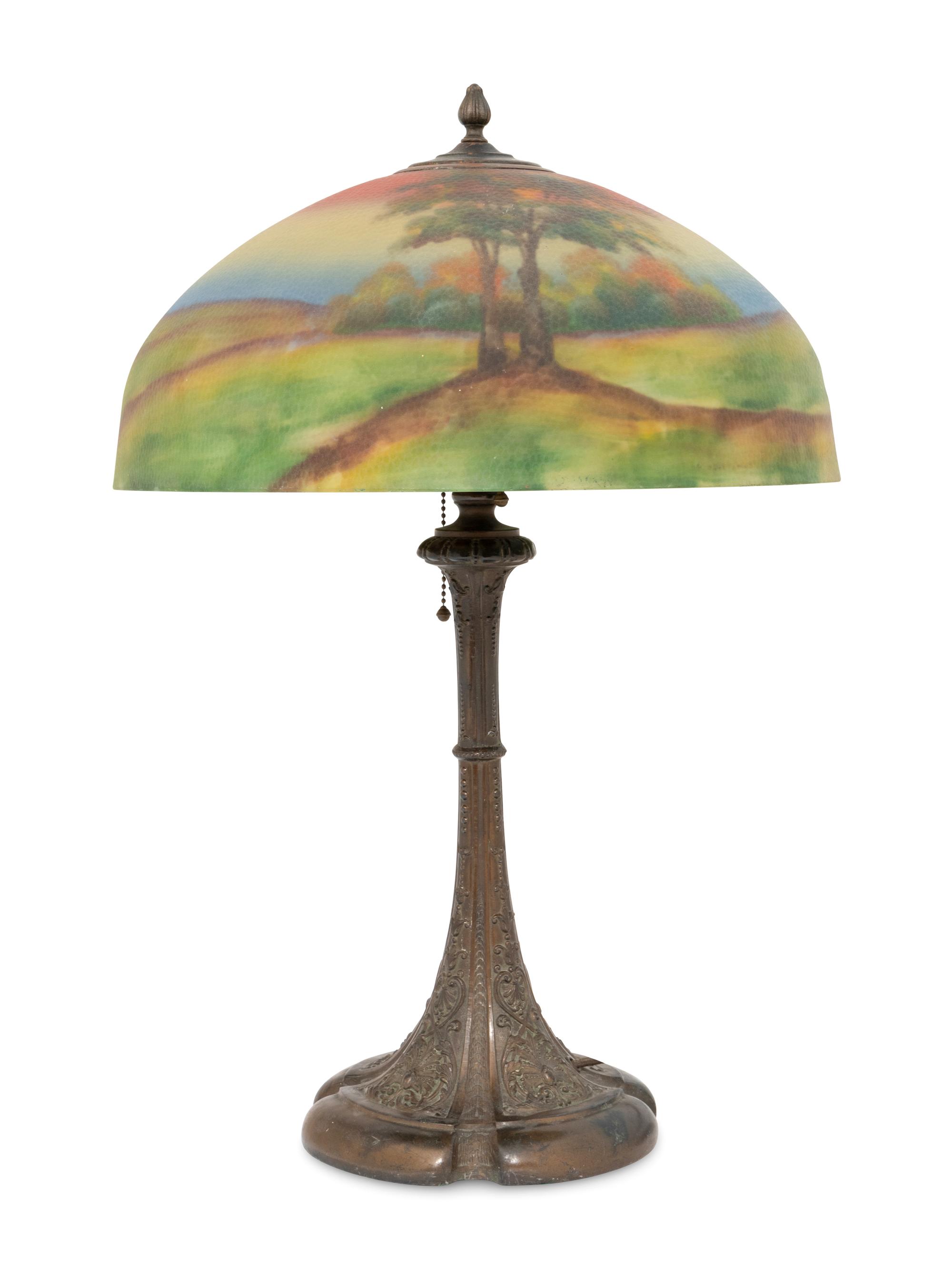 Reverse Painted Landscape Lamp Shade with Associated Base
