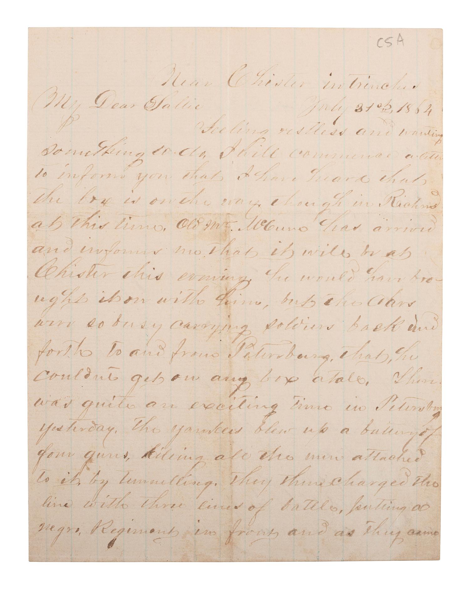 [CIVIL WAR]. WOMACK, E. Lockett. Autograph letter signed ("E.L. Womack") as Confederate soldier, Company D, 18th Virginia Infantry, describing the Battle of the Crater during the Siege of Petersburg.