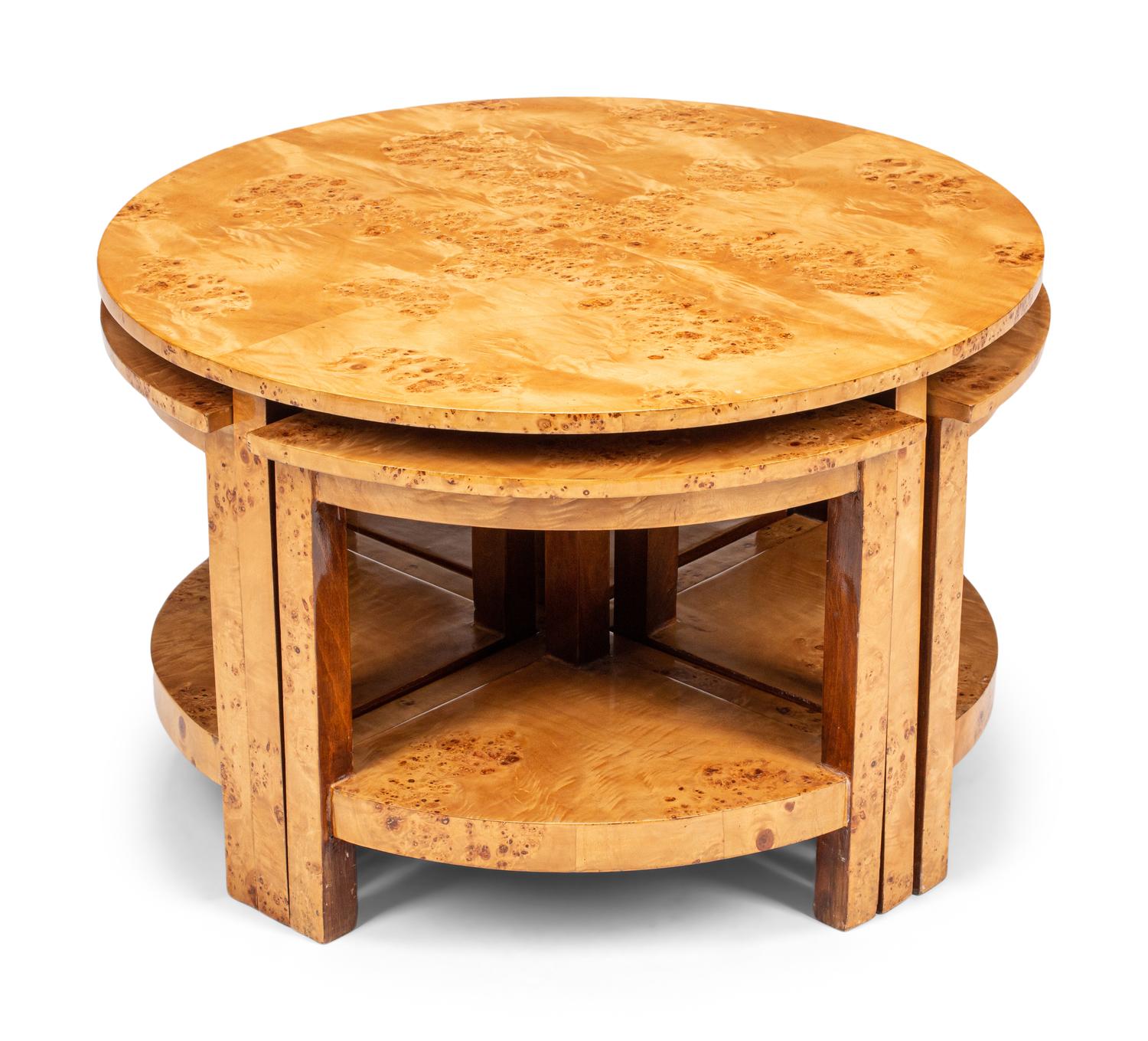 A Continental Burl Birch Five-Piece Low Nesting Table