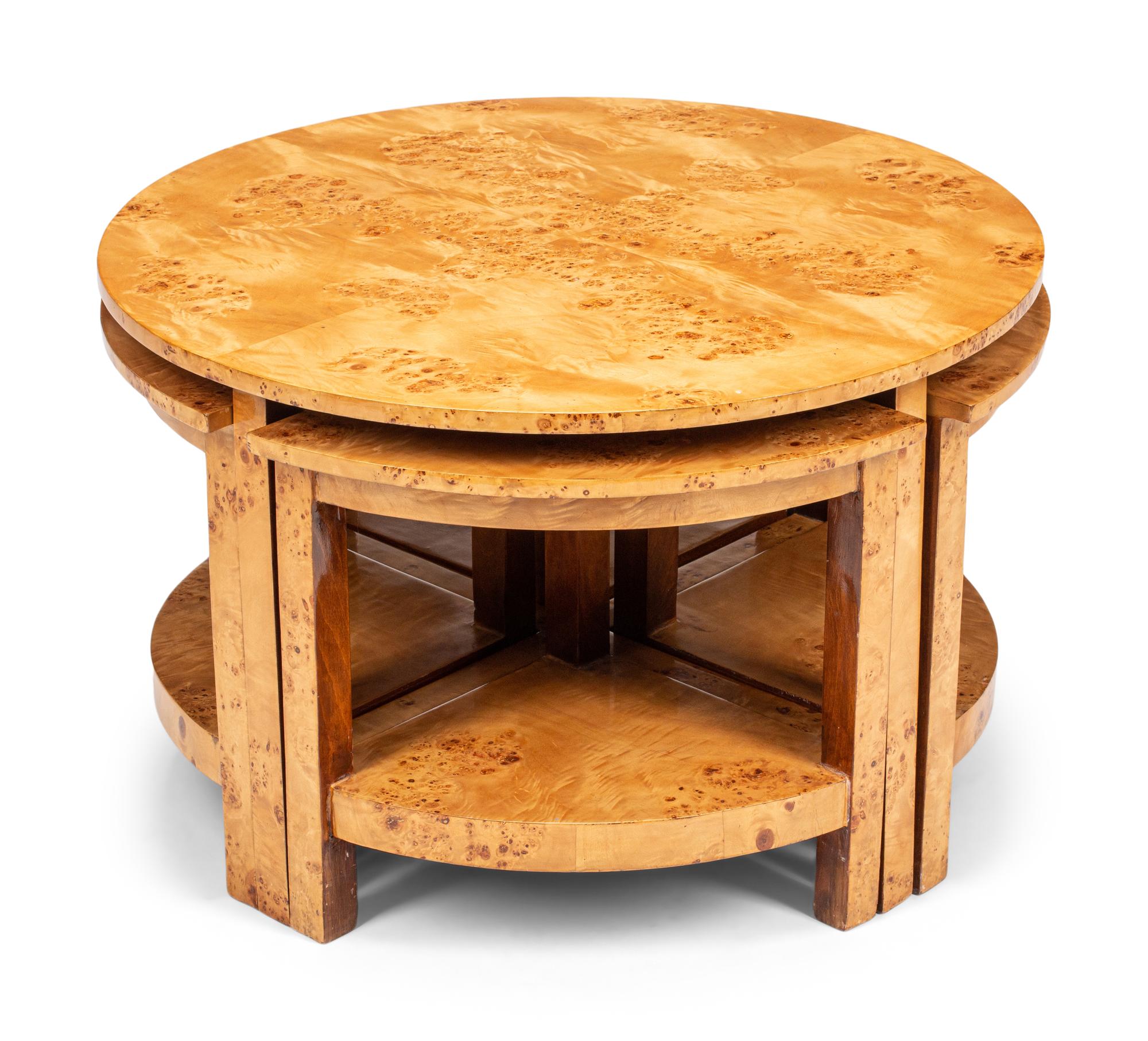 A Continental Burl Birch Five-Piece Low Nesting Table