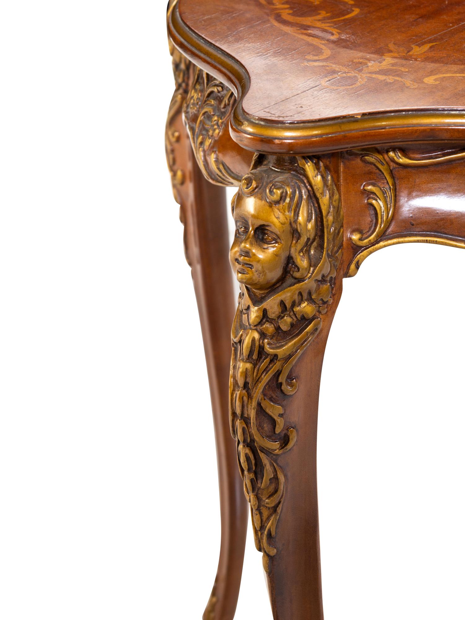 A Pair of Louis XV Style Carved Walnut and Marquetry Side Tables