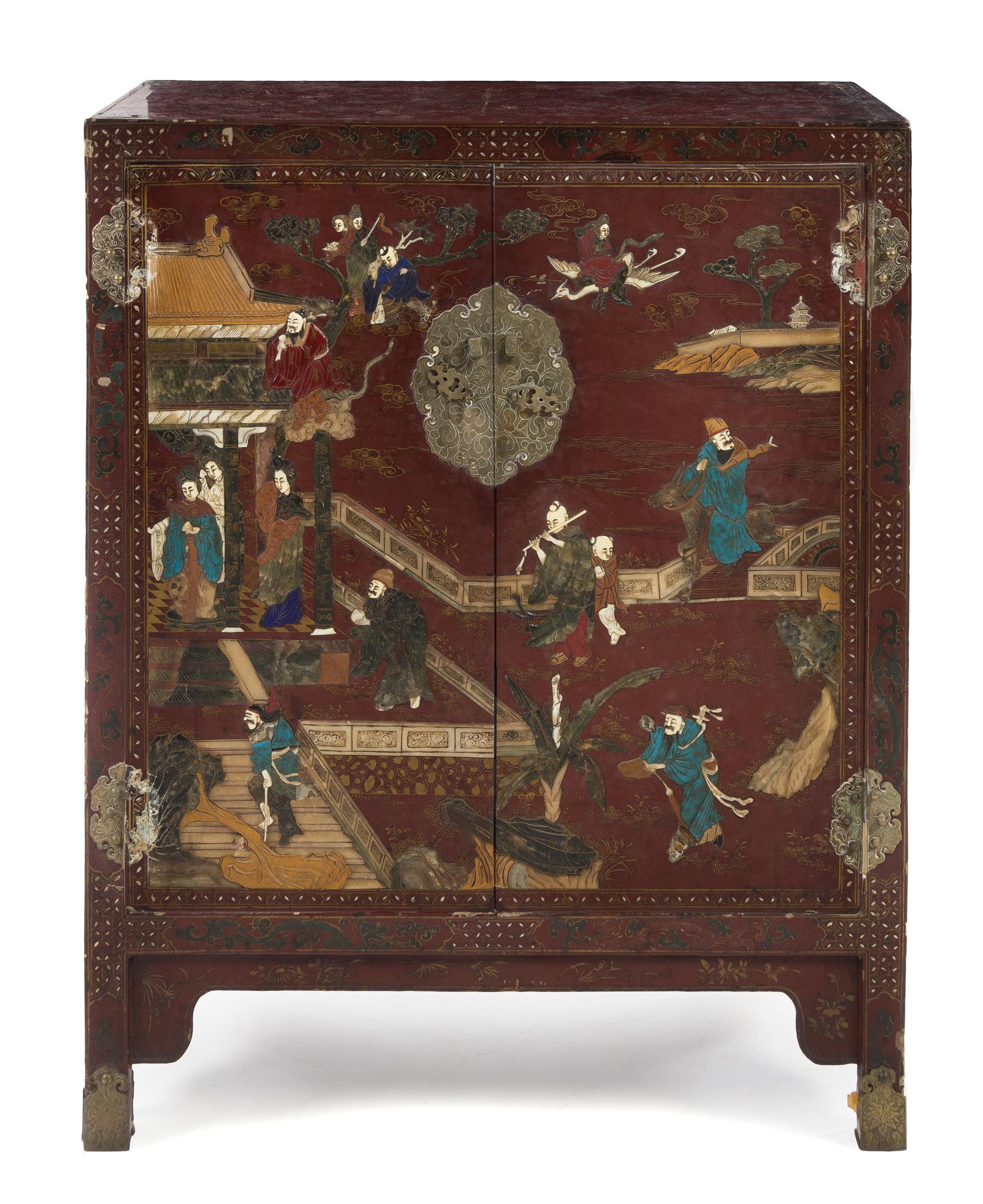 A Chinese Red Lacquered Chest Height 42 x width 33 3/4 x depth 14 3/4 inches.