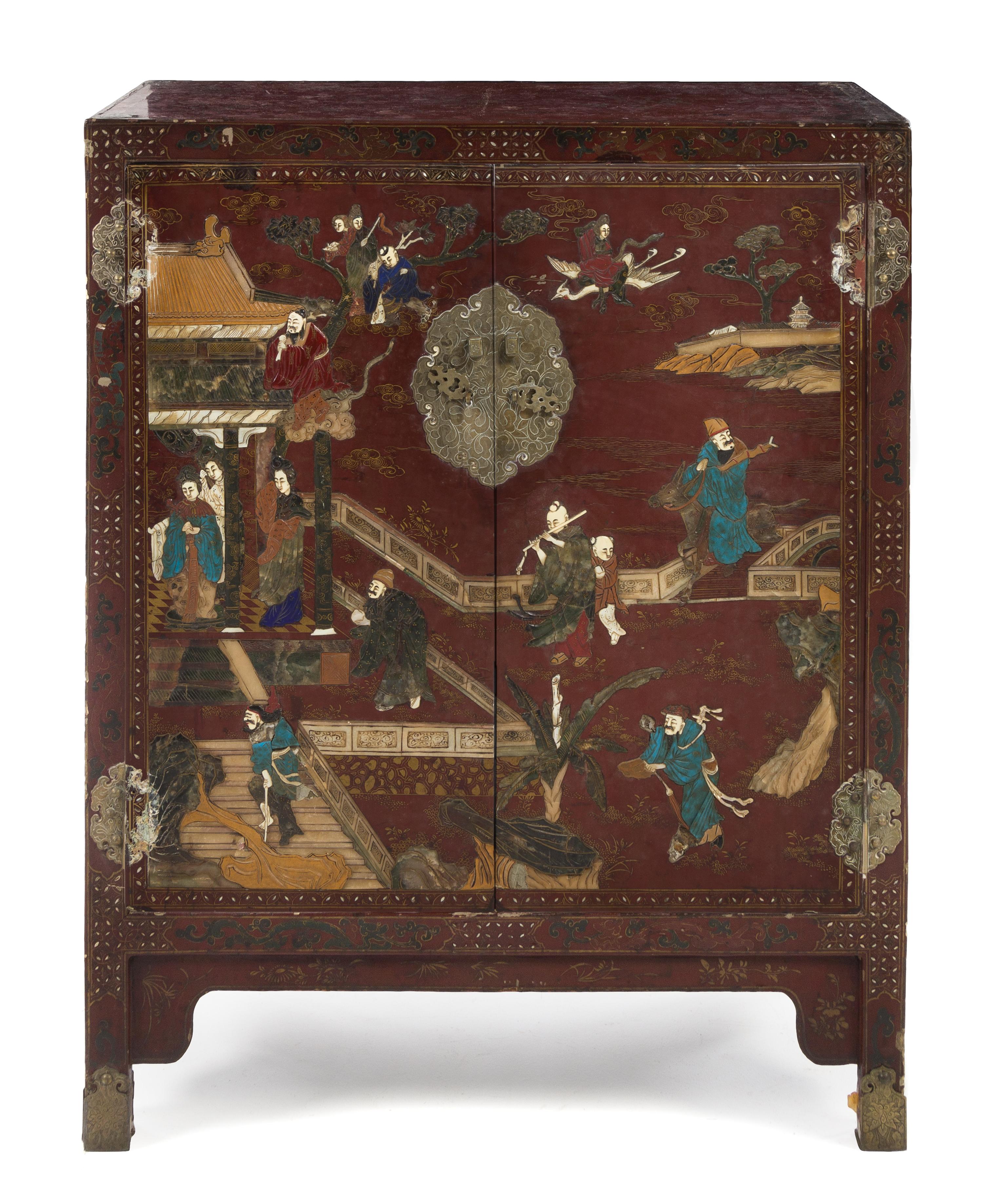 A Chinese Red Lacquered Chest Height 42 x width 33 3/4 x depth 14 3/4 inches.