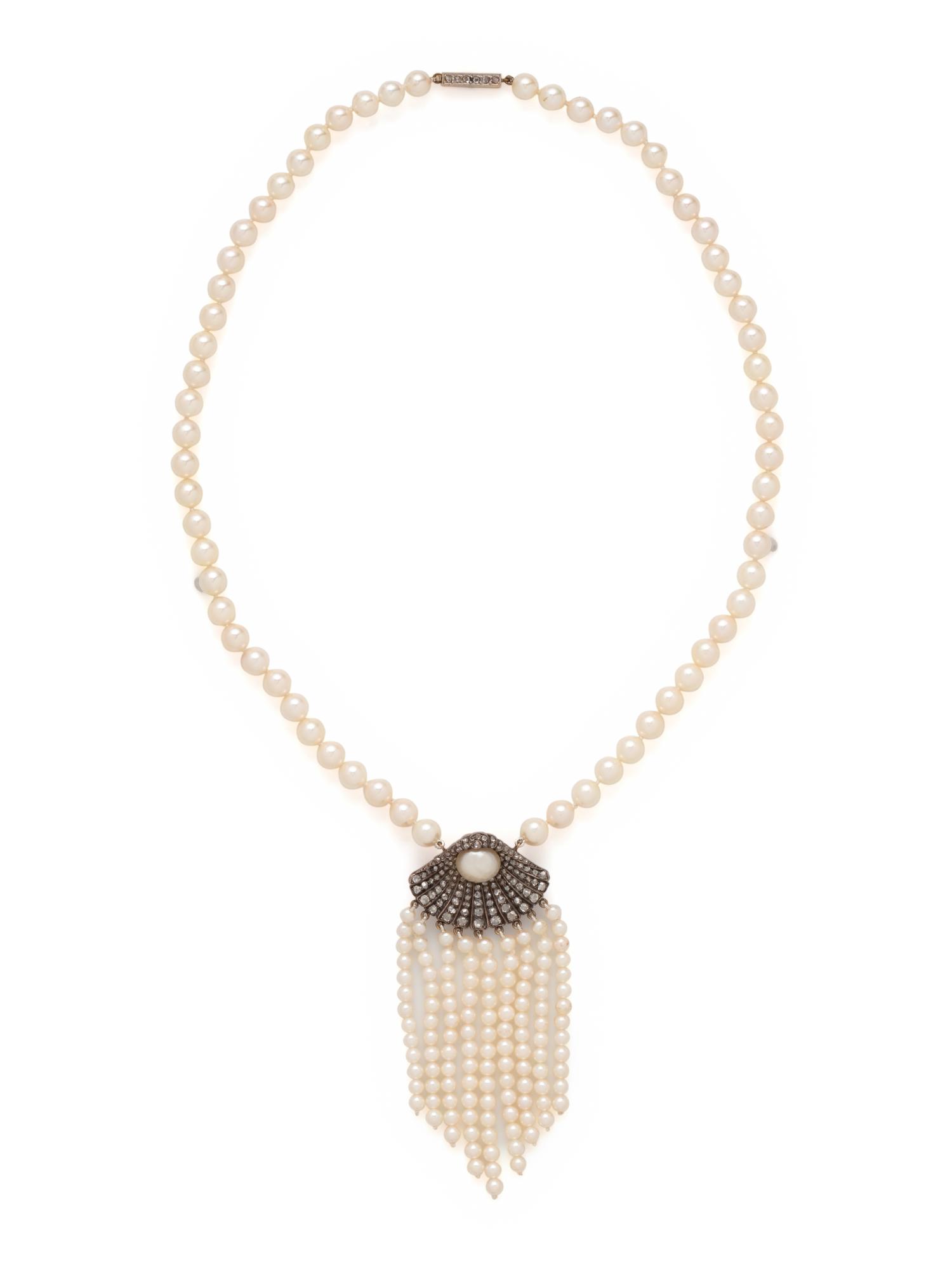 CULTURED PEARL AND DIAMOND NECKLACE