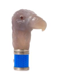 A Guilloche Enamel and Silver Mounted Chalcedony Cane Handle Length 3 3/4 inches. — LATE 20th CENTURY