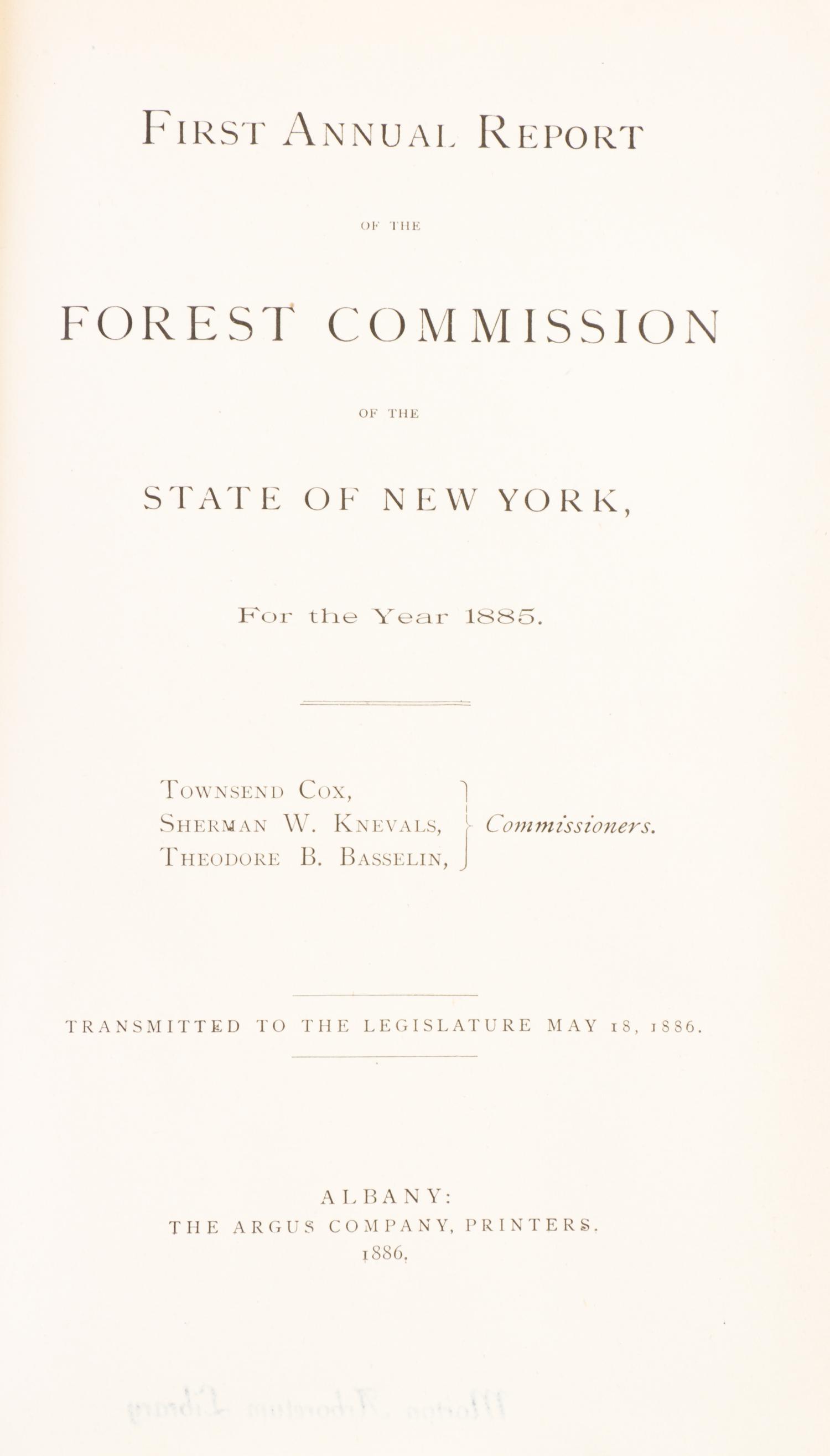 (MORTON, J. STERLING) First Annual Report of the Forest Commission of the State of New York. Morton personal copy, signed.