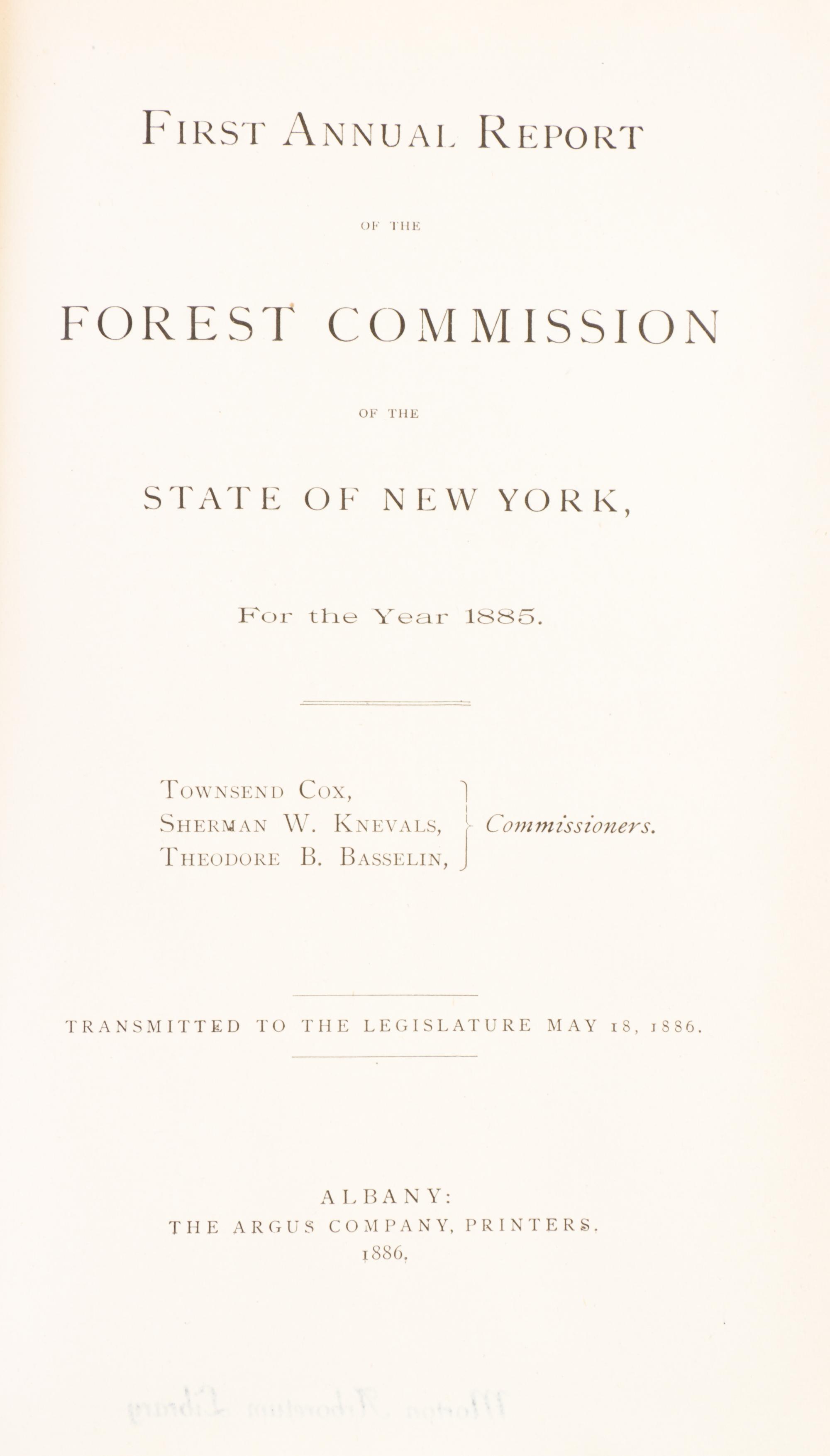 (MORTON, J. STERLING) First Annual Report of the Forest Commission of the State of New York. Morton personal copy, signed.