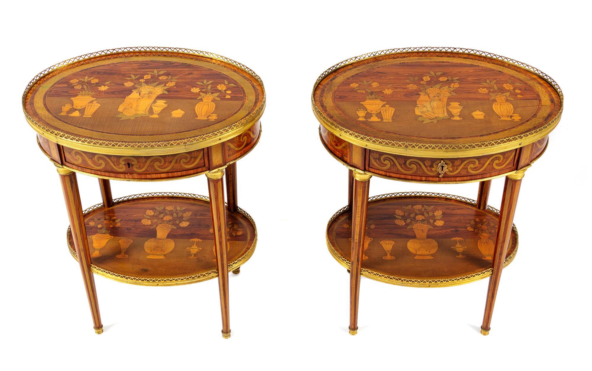 A Pair of Continental Gilt Metal Mounted Marquetry Side Tables