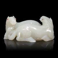 A Chinese White Jade Carving of Double Horses, 19th Century — 清晚期 白玉雙馬擺件