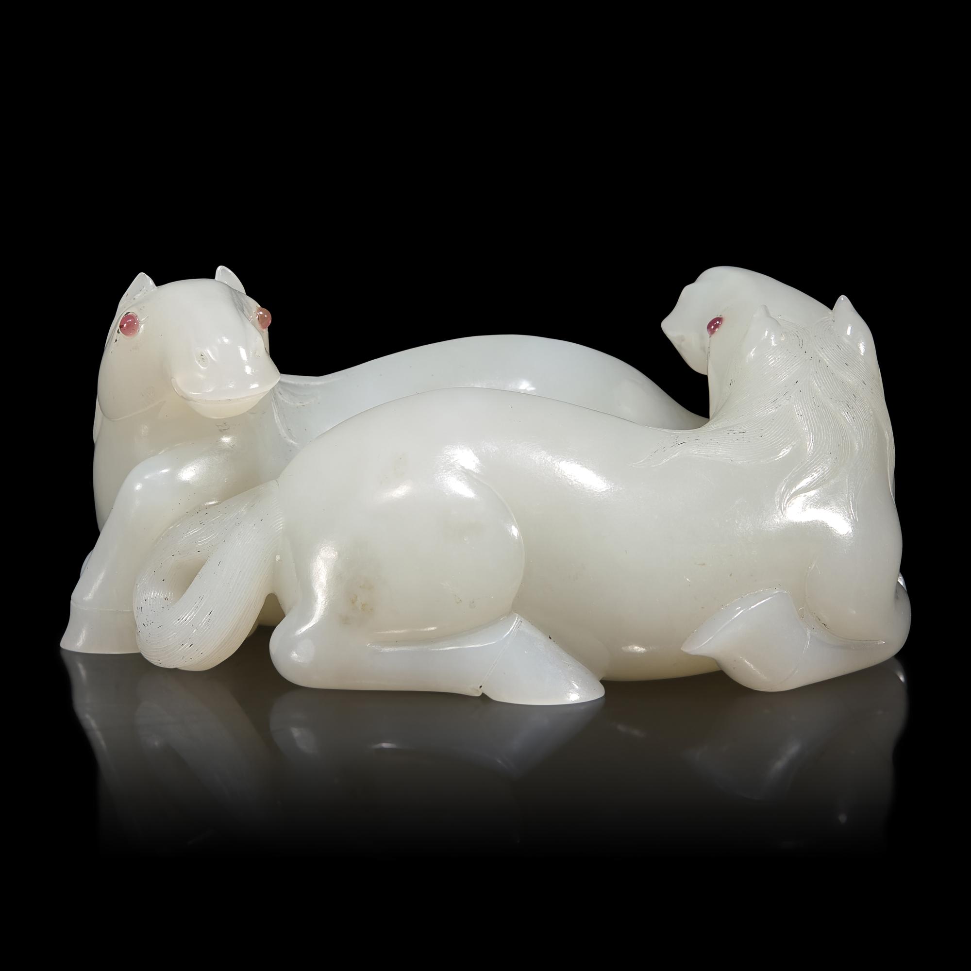 A Chinese White Jade Carving of Double Horses, 19th Century — 清晚期 白玉雙馬擺件