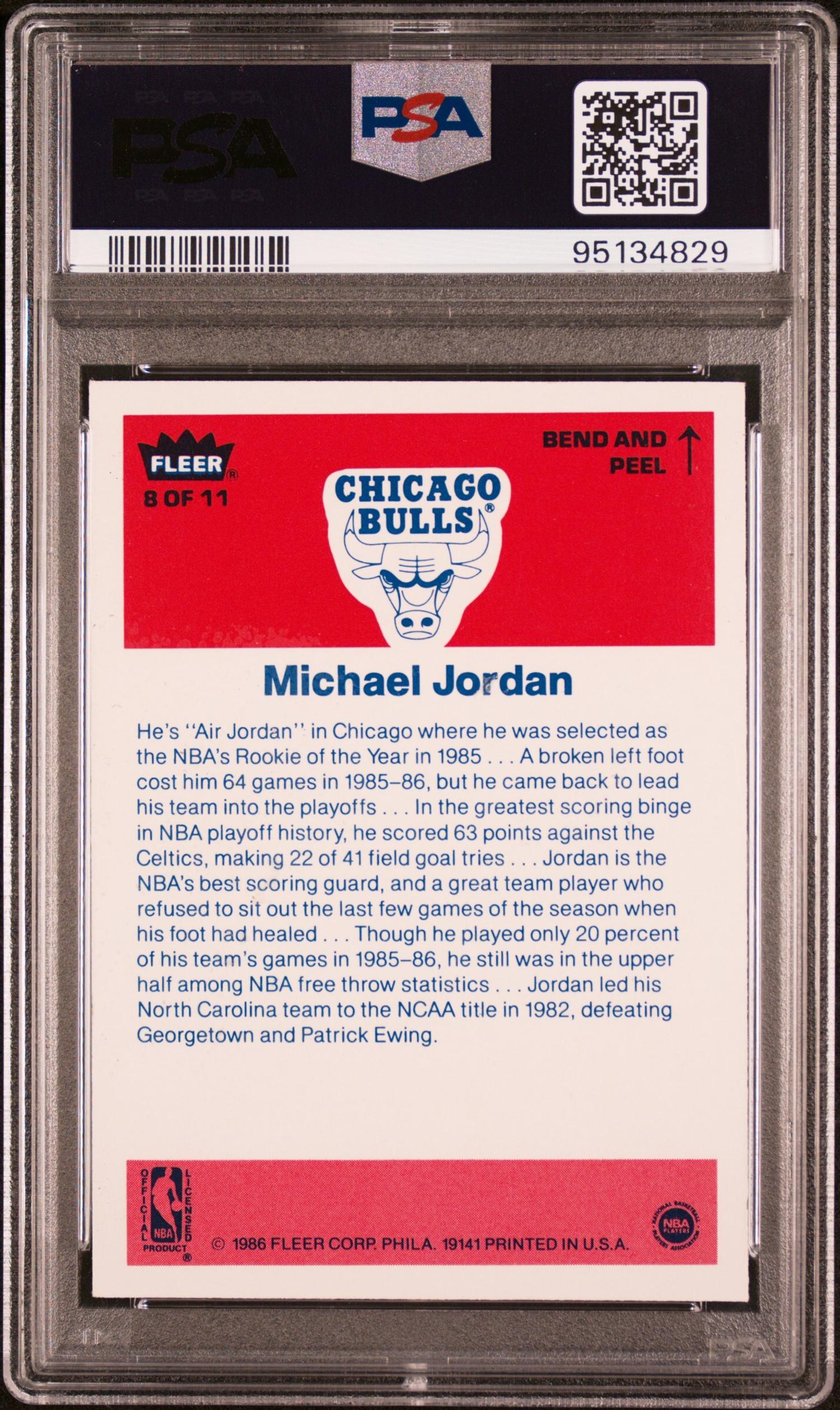 A 1986-87 Fleer Michael Jordan Rookie Sticker No. 8 (PSA 8 NM-MT ST)