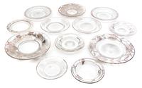 A Collection of Silver Overlay Glass Plates Diameter of largest 9 3/4 inches.