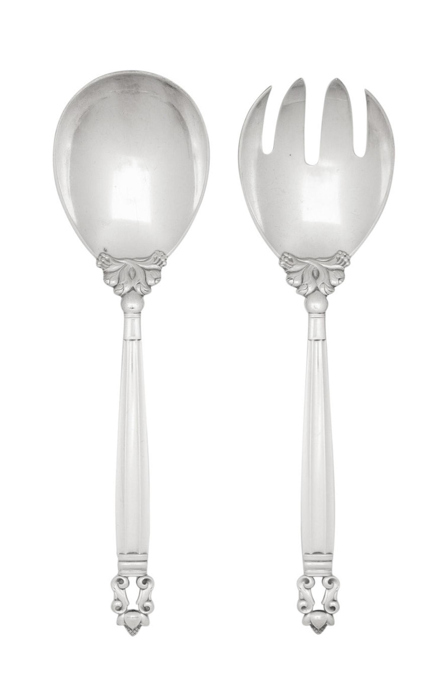 A Georg Jensen Acorn Silver Salad Serving Set