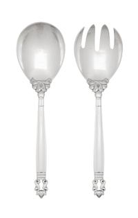 A Georg Jensen Acorn Silver Salad Serving Set