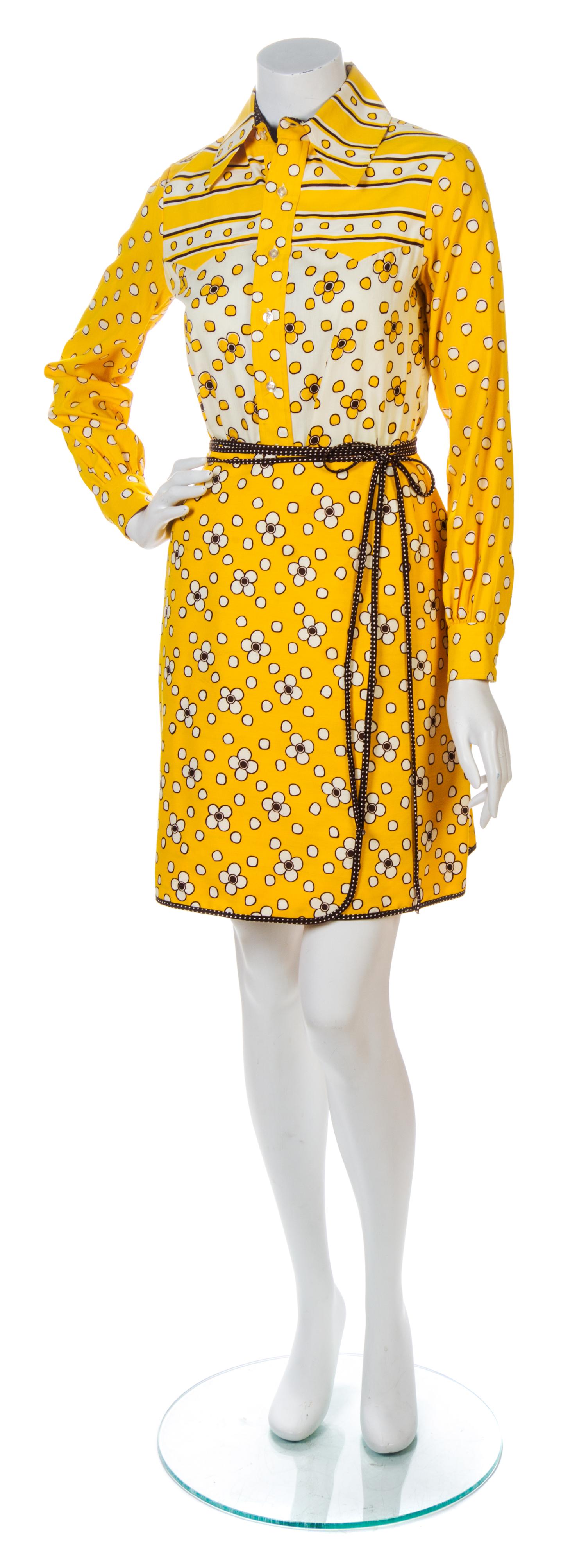 A Geoffrey Beene Yellow and Brown Cotton Floral Skirt Ensemble, Size 8.