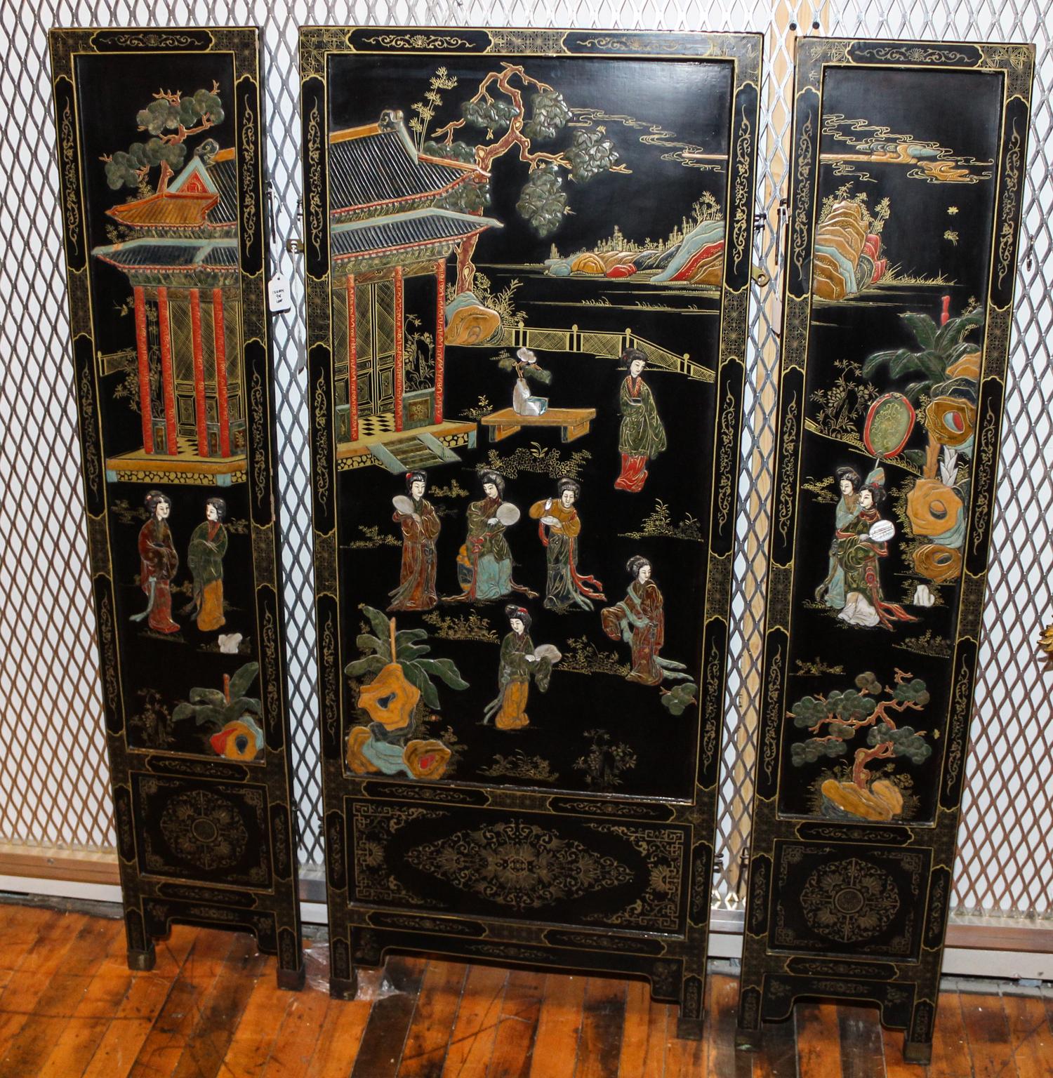 A Chinese Four Panel Inlaid Lacquer Screen Height 50 1/4 inches.