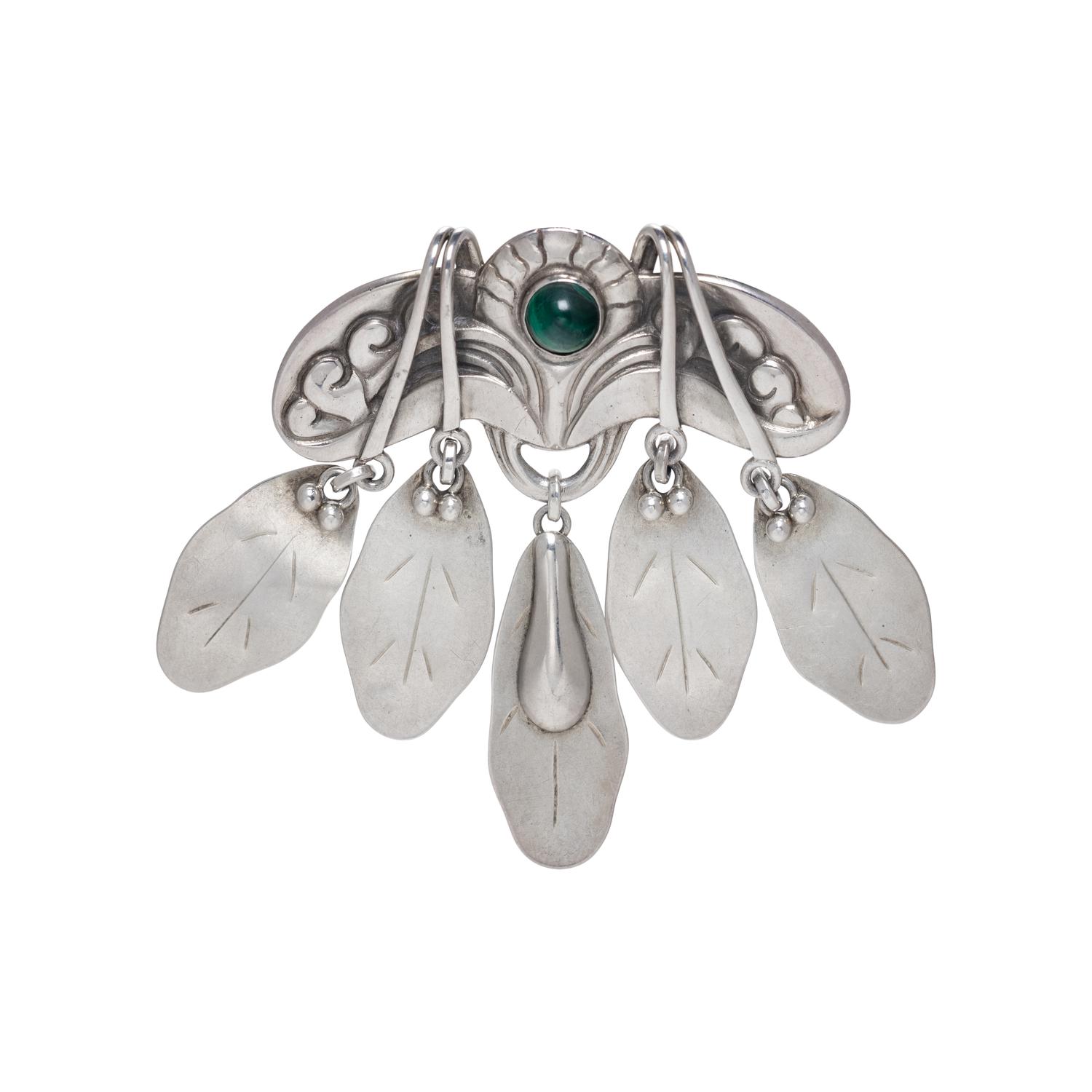 GEORG JENSEN, SILVER AND MALACHITE FOLIATE BROOCH
