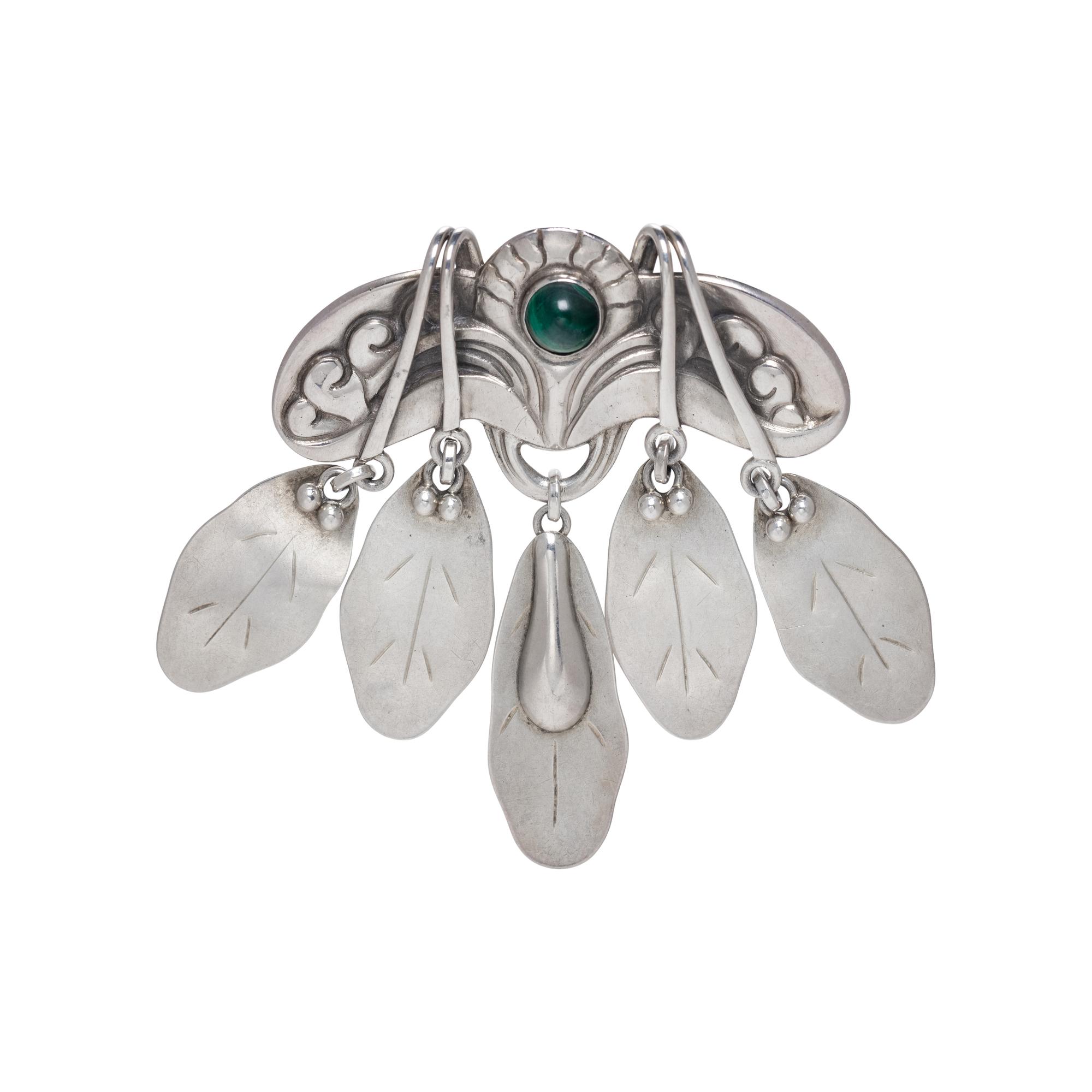 GEORG JENSEN, SILVER AND MALACHITE FOLIATE BROOCH