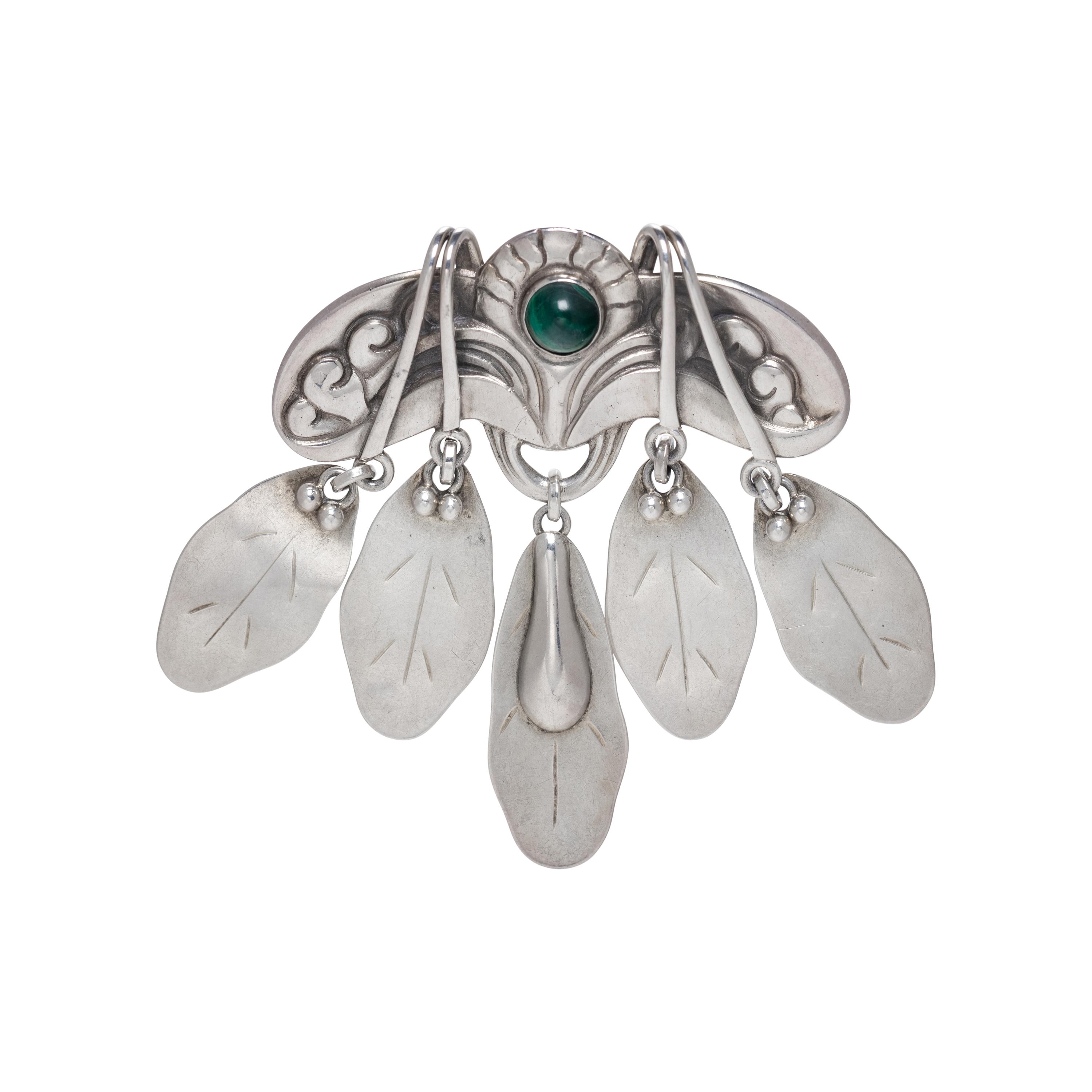 GEORG JENSEN, SILVER AND MALACHITE FOLIATE BROOCH