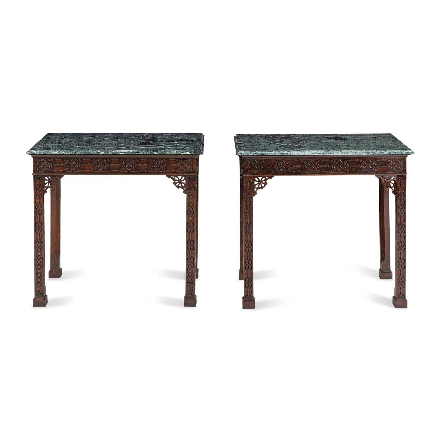 A Pair of George III Style Mahogany and Marble-Top Pier Tables