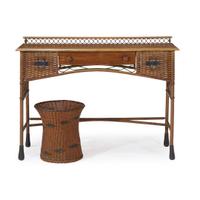 A polychrome painted rattan and oak console table and wastepaper basket american, circa 1910